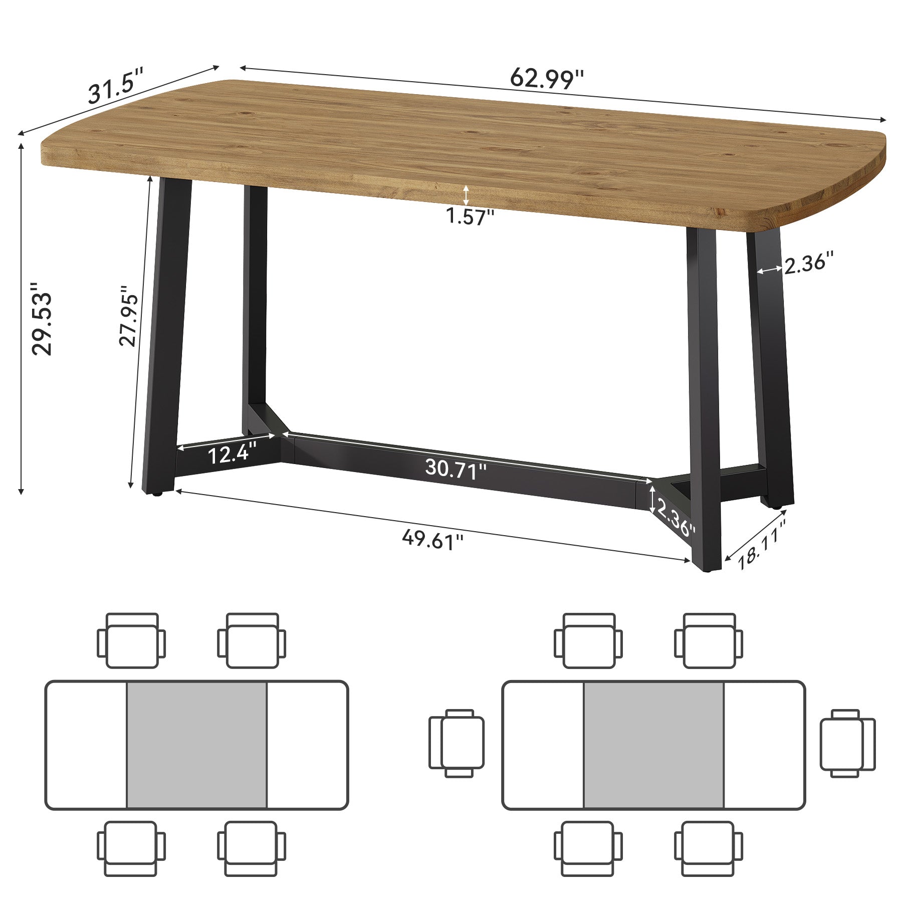 Tribesigns 63-Inch Solid Pine Wood Office Desk, Large Computer Desk with Metal Frame for Home Office