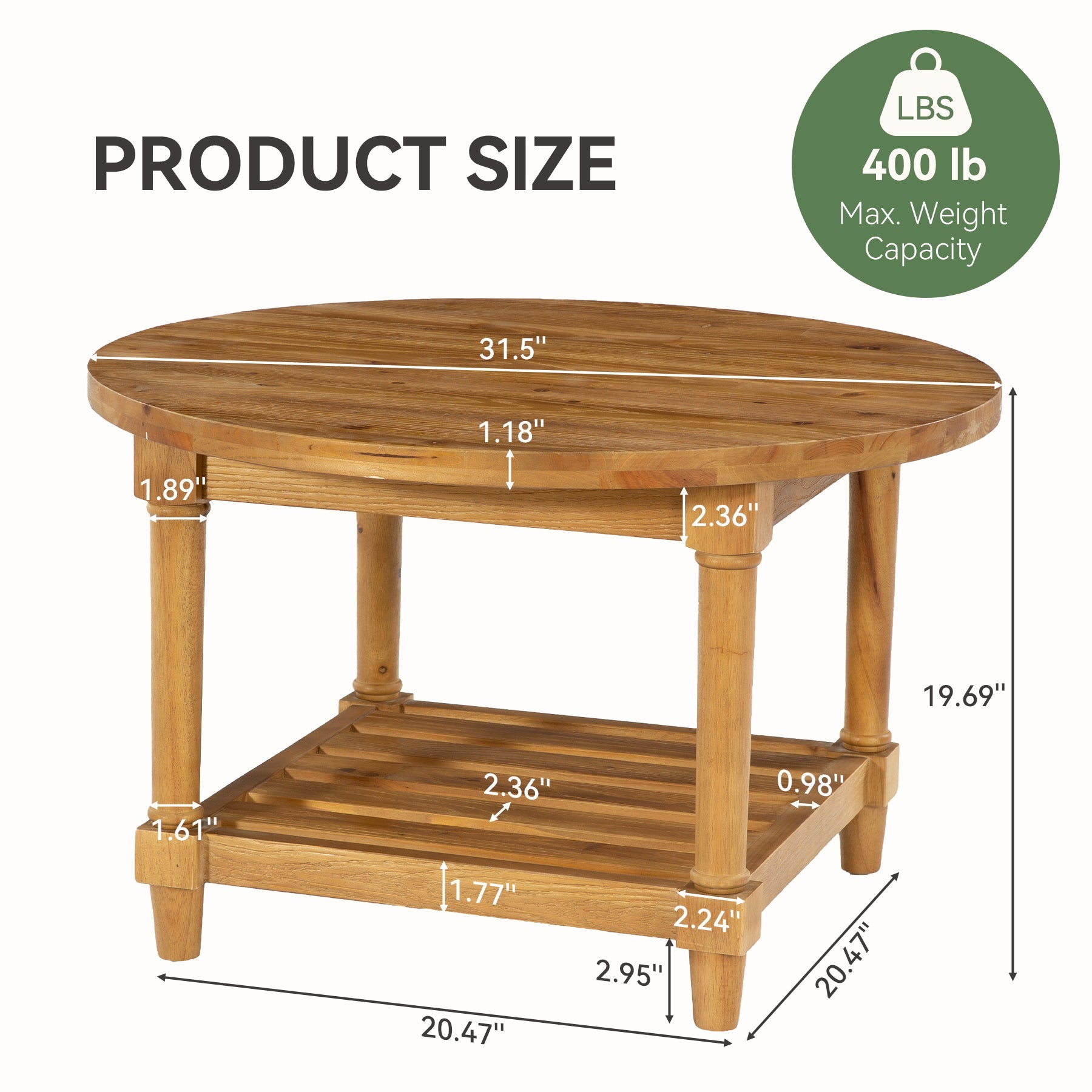 31.5" Round Solid Wood, 2-Tier Coffee Table with Storage
