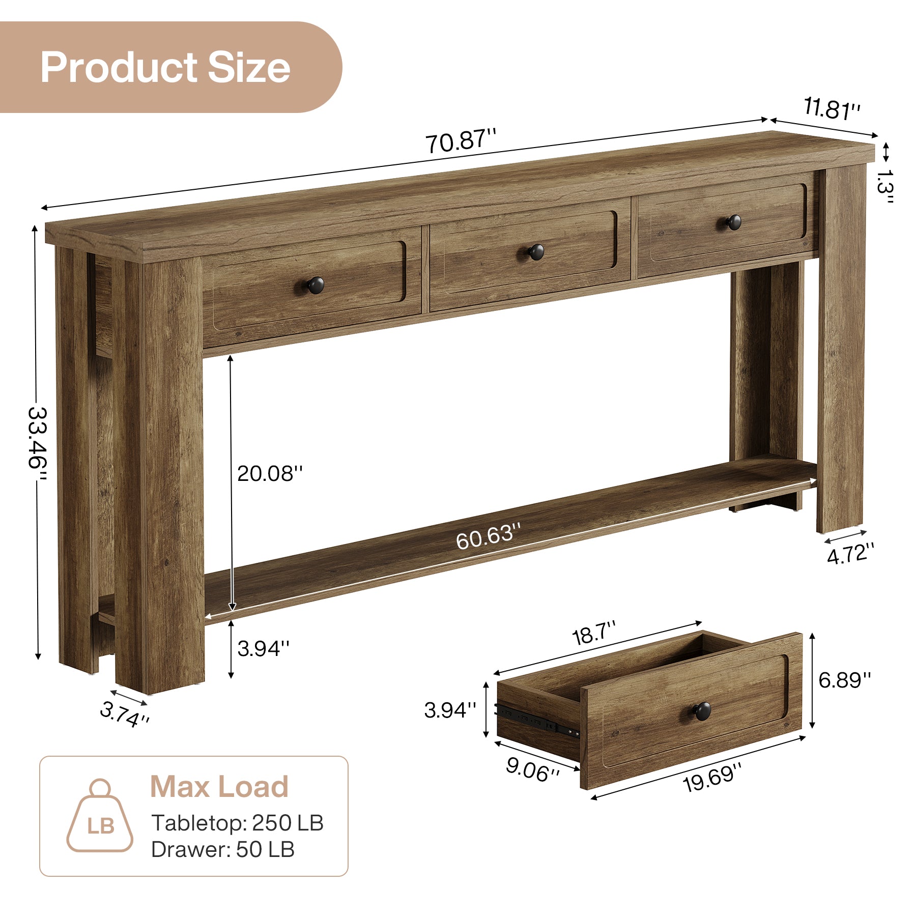 70.9-Inch Console Table with 3 Drawers, Narrow Farmhouse Sofa Table for Hallway
