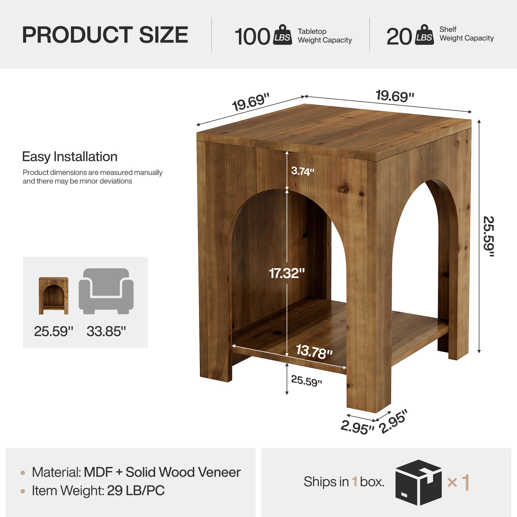 Tribesigns 19.69-Inch Farmhouse Side Table with Arch Design, Wooden End Table for Living Room