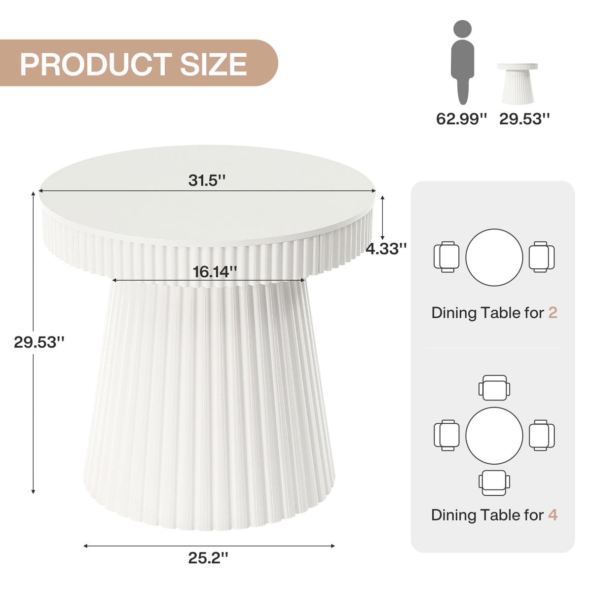 31.5 Inch Round End Table with Fluted Pedestal, Modern Side Table