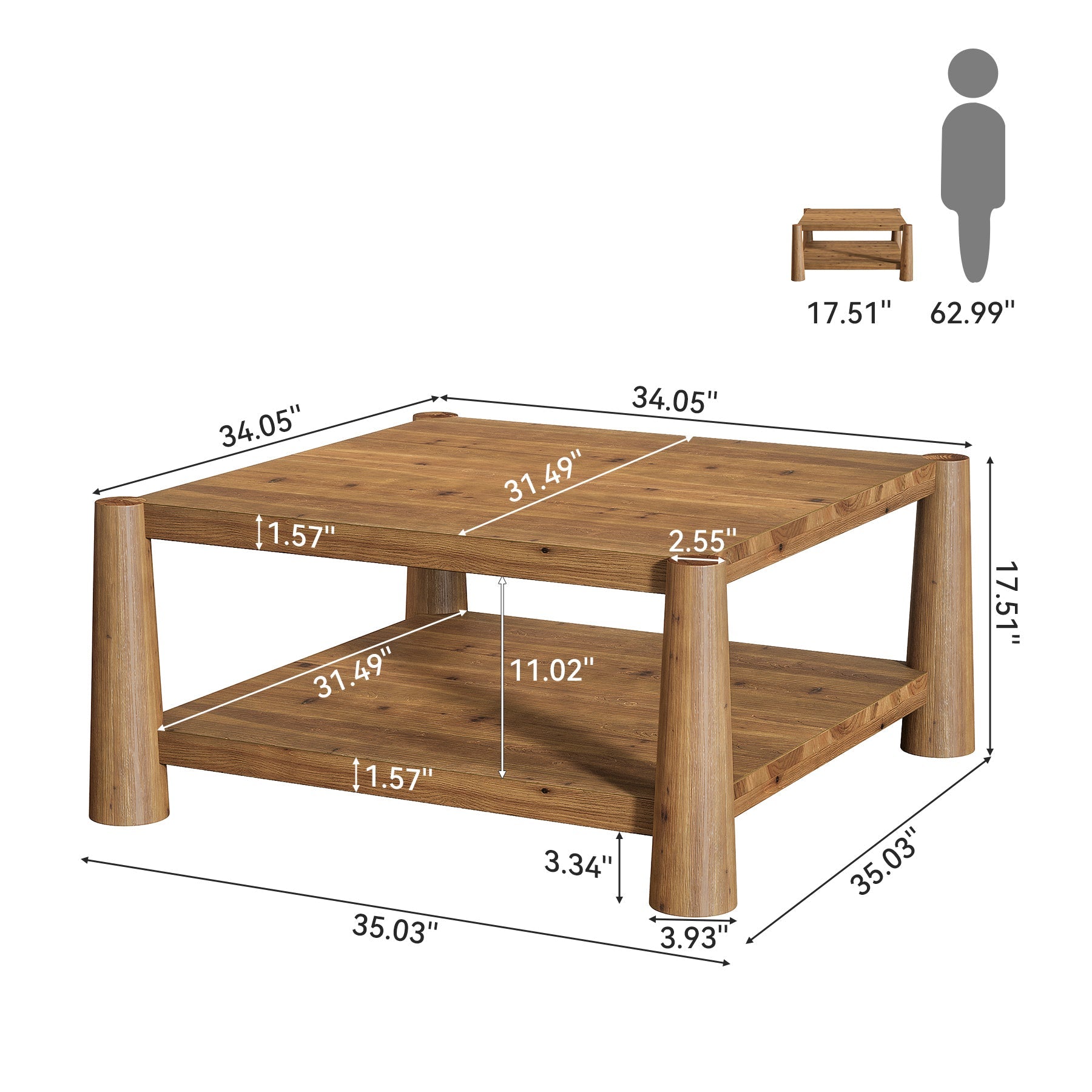 34" Square Solid Wood 2-Tier Coffee Table, Farmhouse Storage Brown