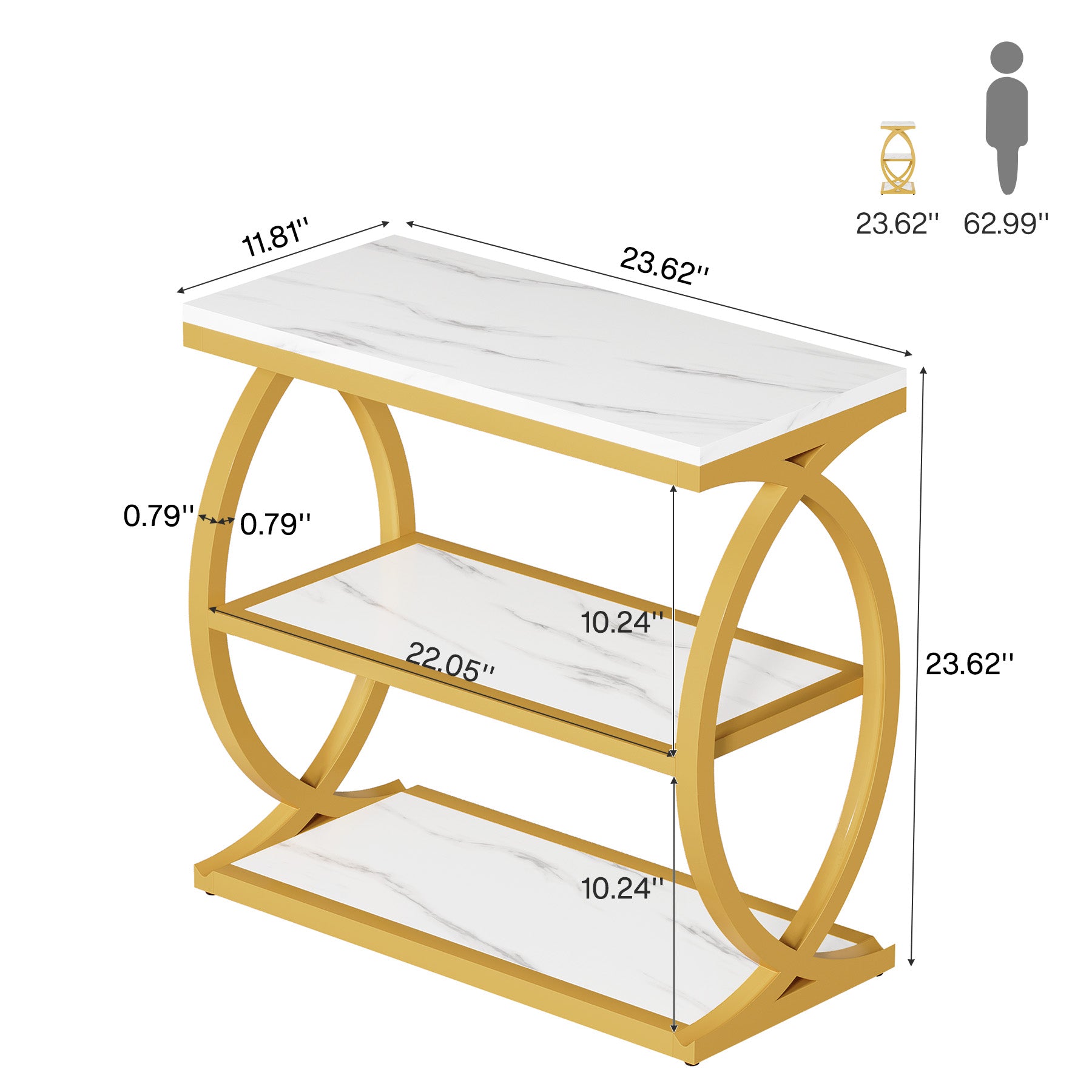 23.62" Rustic Brown Narrow End Table, 3-Tier Industrial Wood & Metal Side Table for Small Space