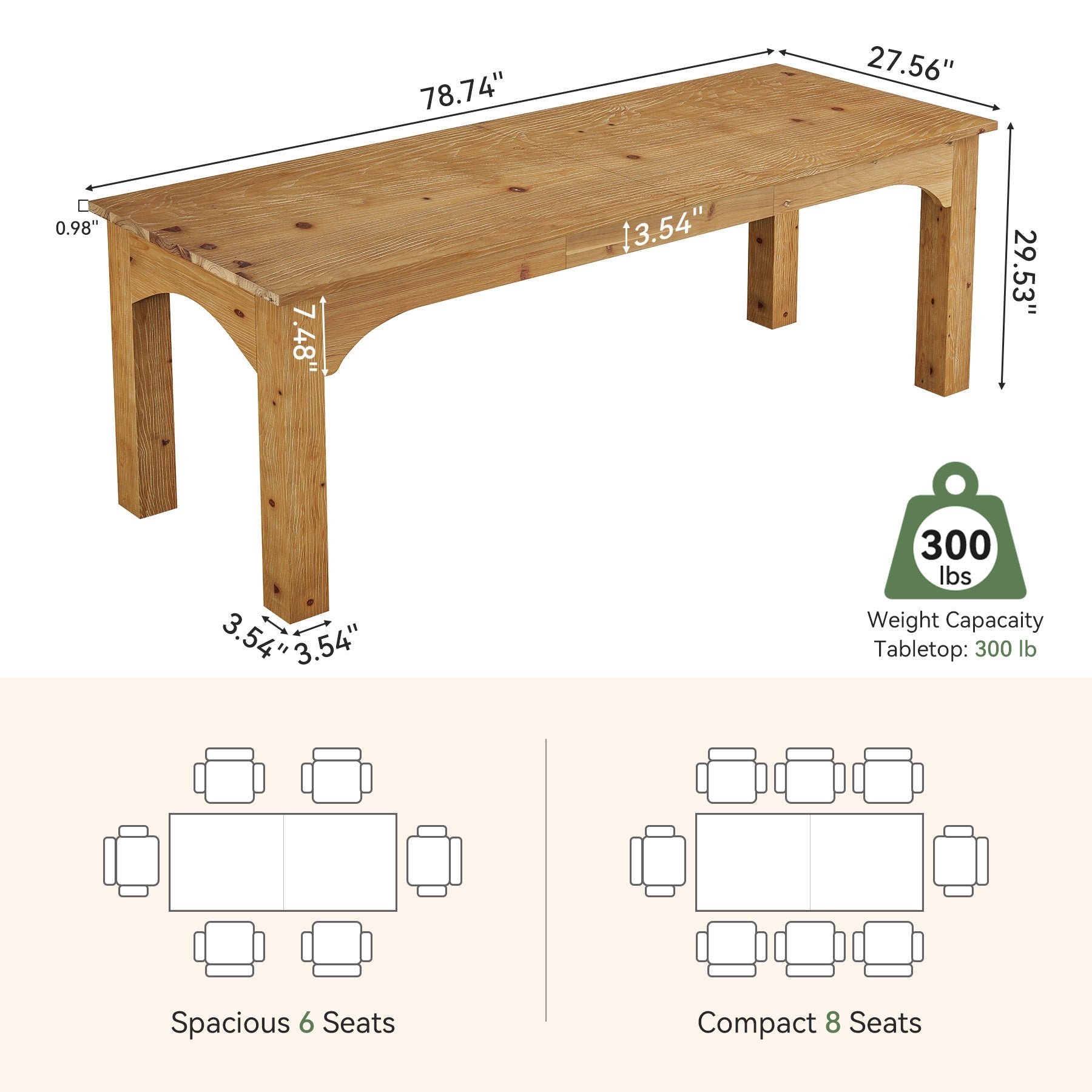 78.7-Inch Solid Wood Dining Table for 6-8, Extra-Long Farmhouse Table for Kitchen