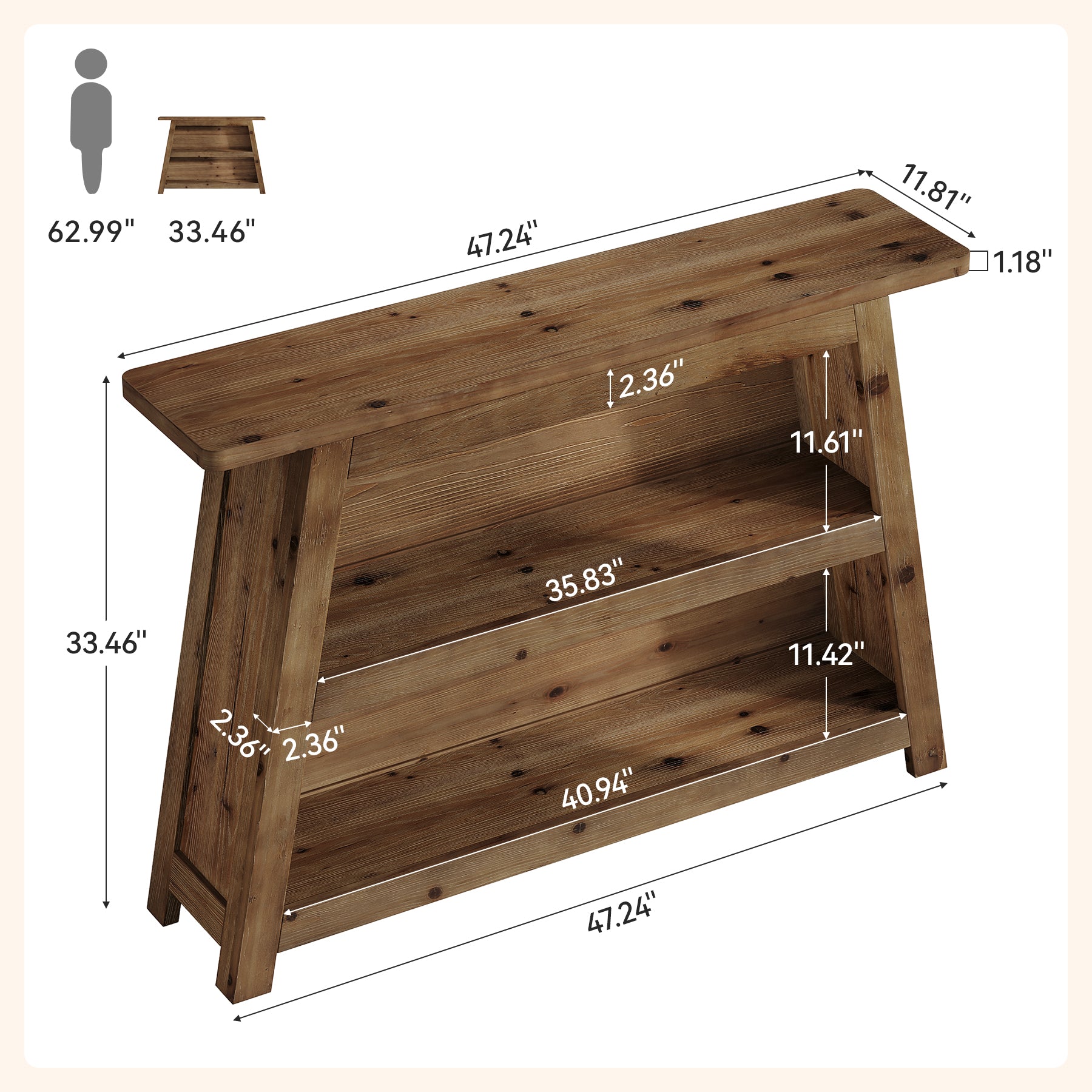 47.24-Inch Solid Wood Console Table, Farmhouse Entryway Table with 3-Tier Shelves