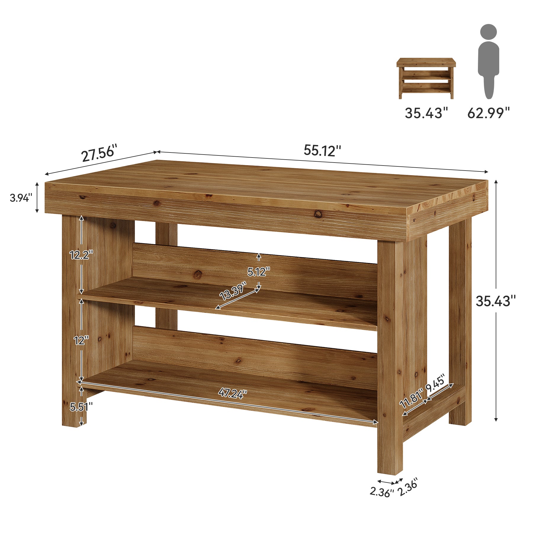 Tribesigns 55-Inch Solid Wood Bar Table with 3-Tier Open Storage Shelves, Farmhouse Counter Height Pub Table