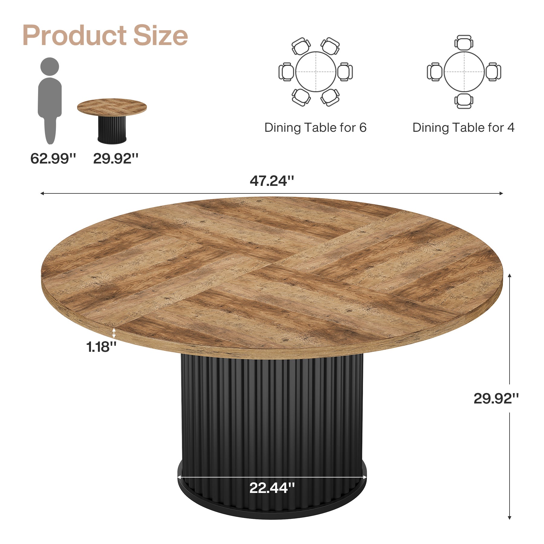 47" Round Dining Table for 4–6 People, Modern Farmhouse Kitchen Table with Fluted Pedestal Base