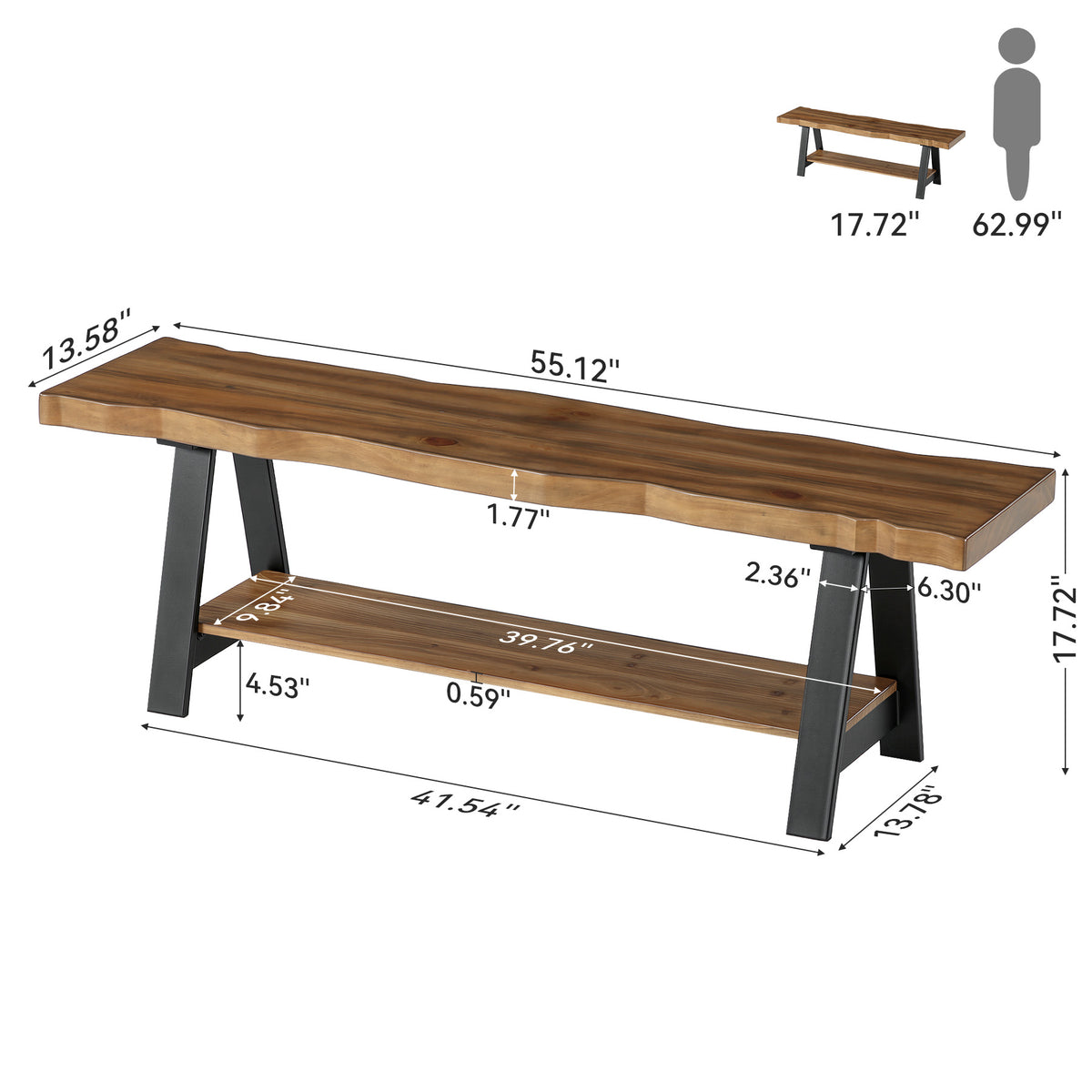 55" Solid Wood Dining Bench with Live Edge & Metal Frame, Kitchen & Dining Room