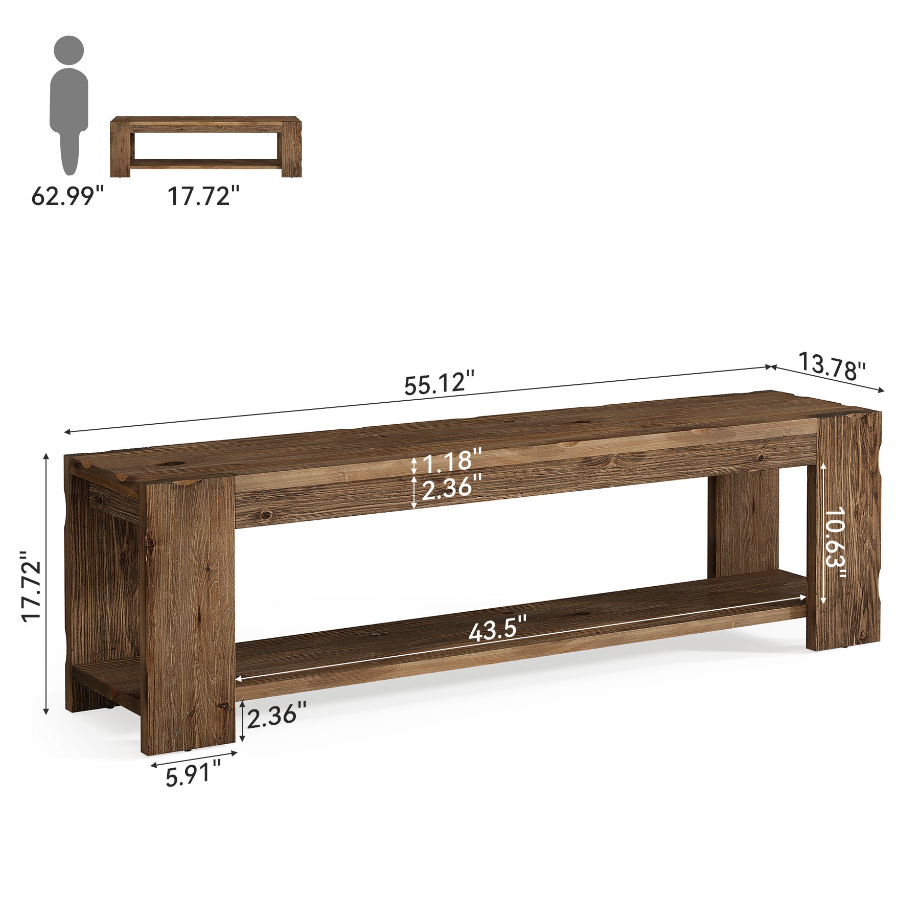 Tribesigns 55.12 Inch Solid Wood Entryway Bench with Storage Shelf, Rustic Shoe Bench for Hallway