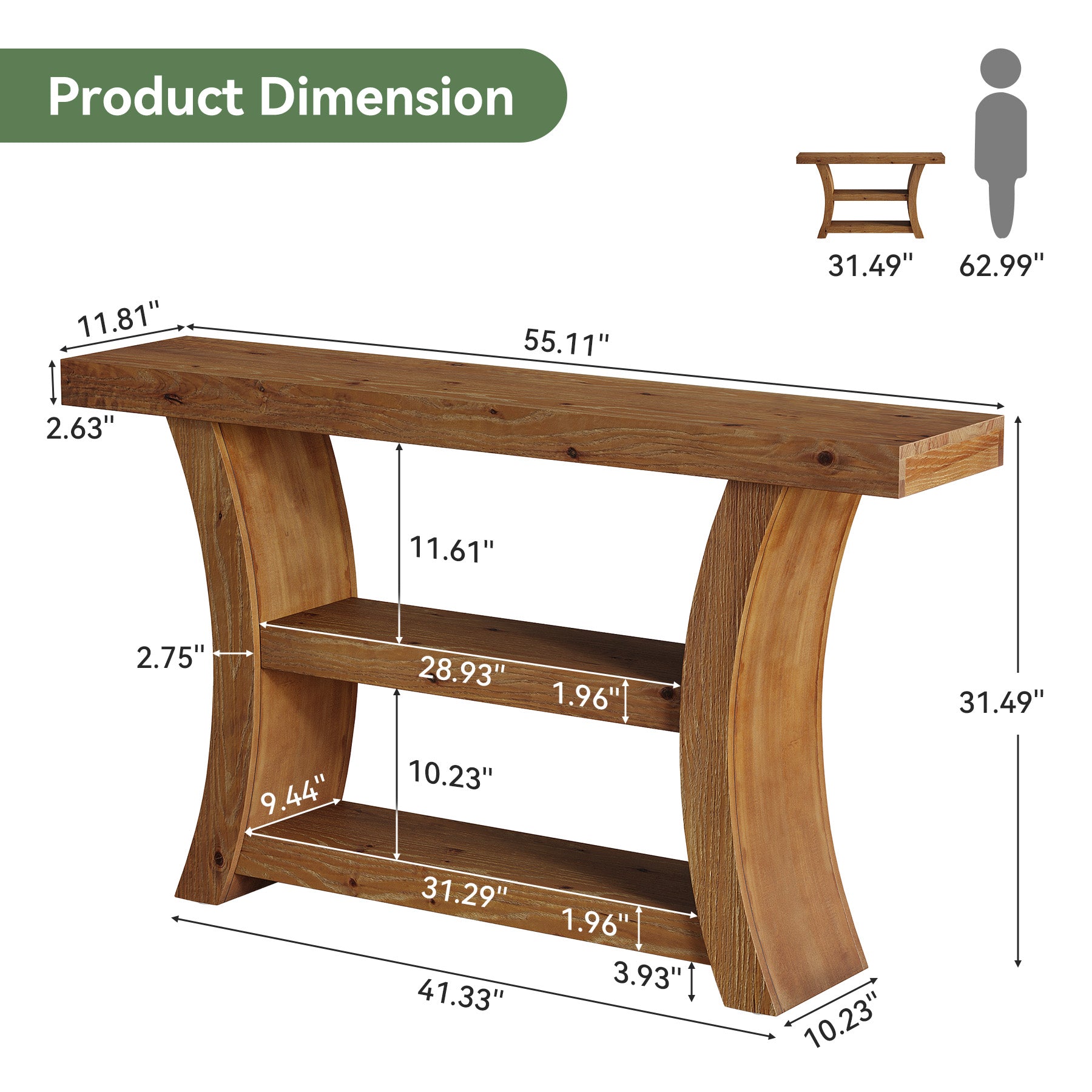 Tribesigns 55-Inch Solid Wood Console Table with 3-Tier Storage, Curved Entryway Table for Hallway