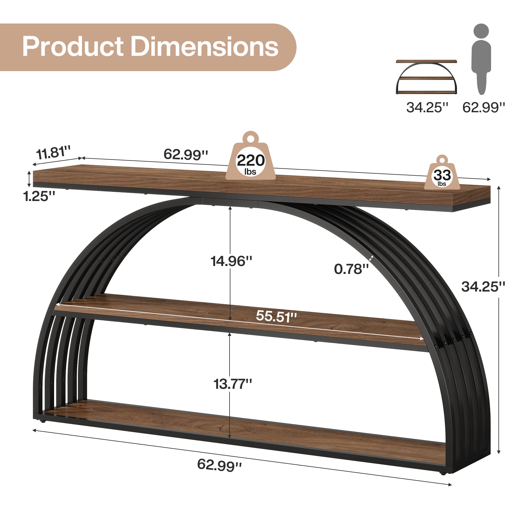 Tribesigns 63-Inch Console Table with 3-Tier Storage Shelves, Arched Frame Sofa Table for Living Room