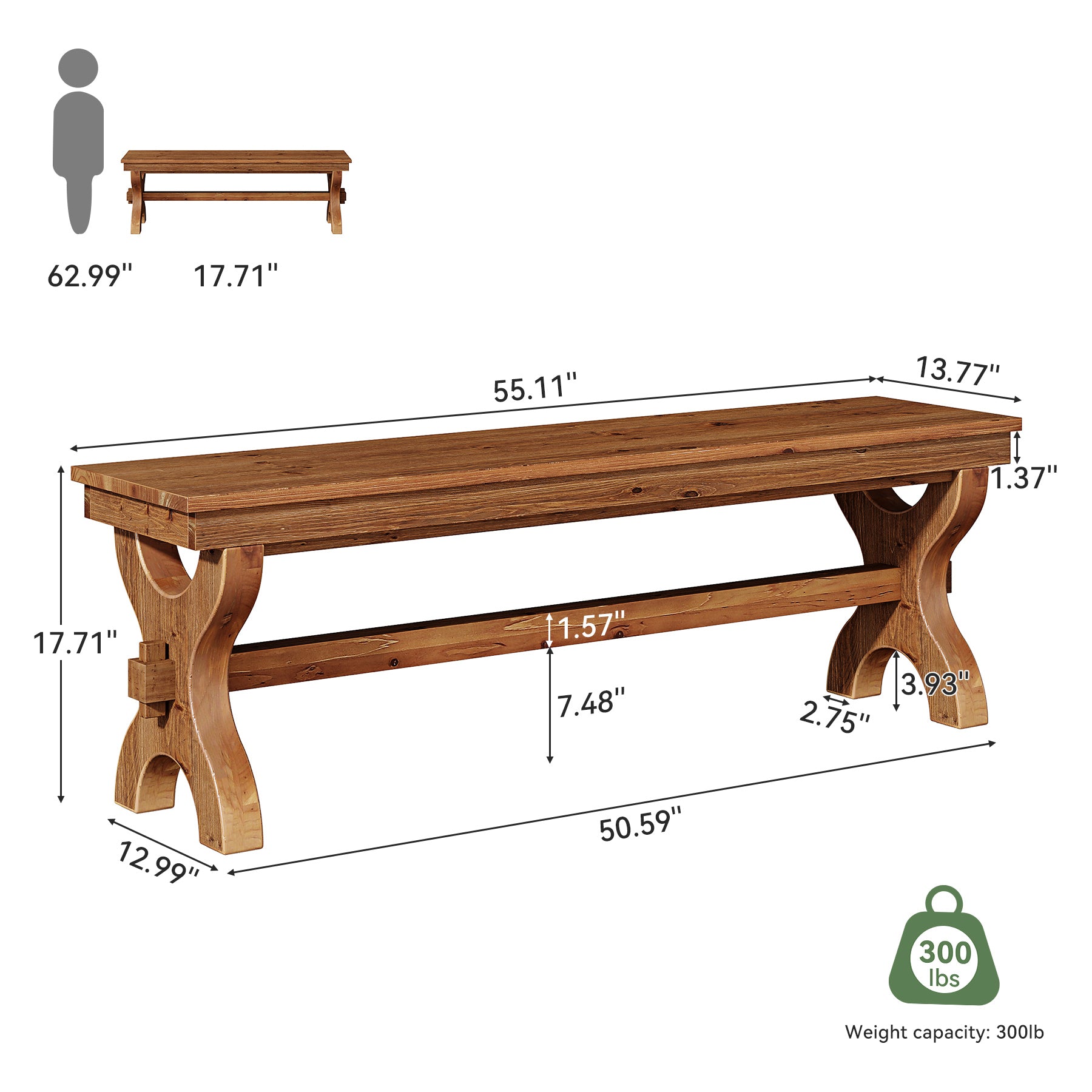 55 Inch Solid Wood Entryway Bench for 2, Farmhouse Narrow Seat for Hallway and Bedroom