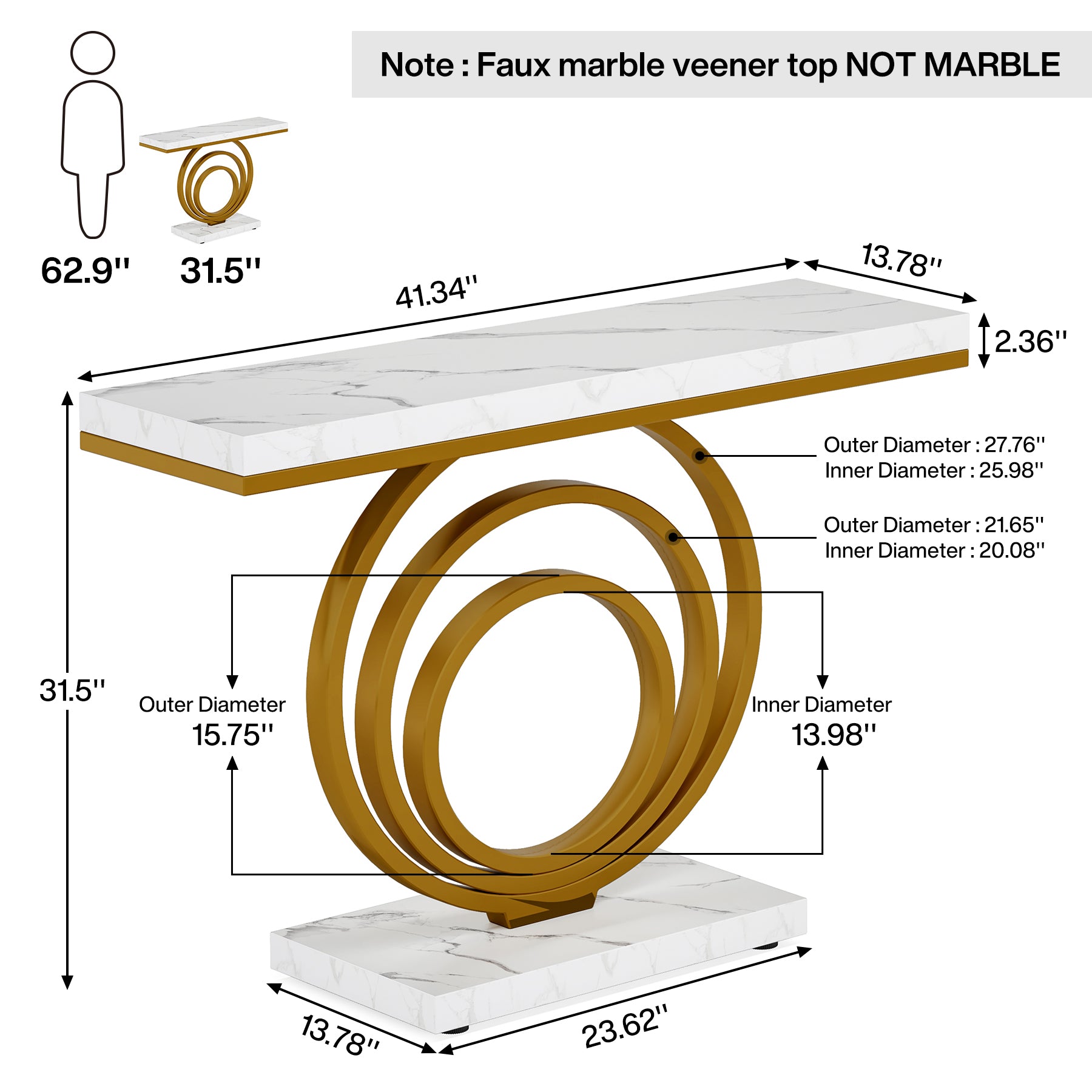 Tribesigns 41.3-Inch Gold Console Table, Narrow Entryway Table with Faux Marble Veneer Top and Geometric Metal Frame for Hallway