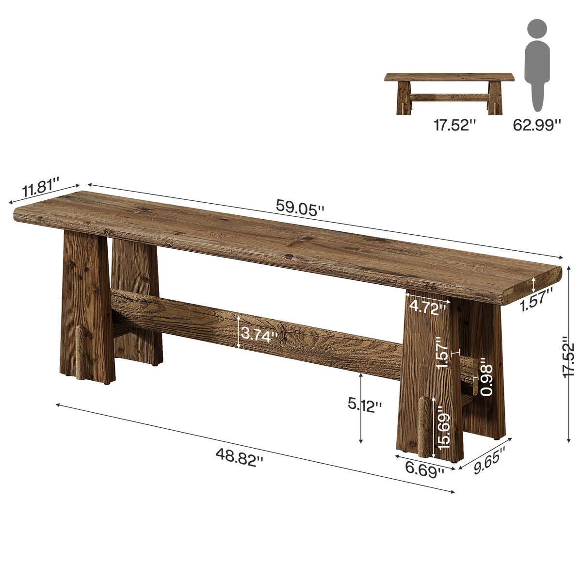 Tribesigns 59 Inch Solid Wood Bench with Rustic Farmhouse Design, Long Entryway Bench