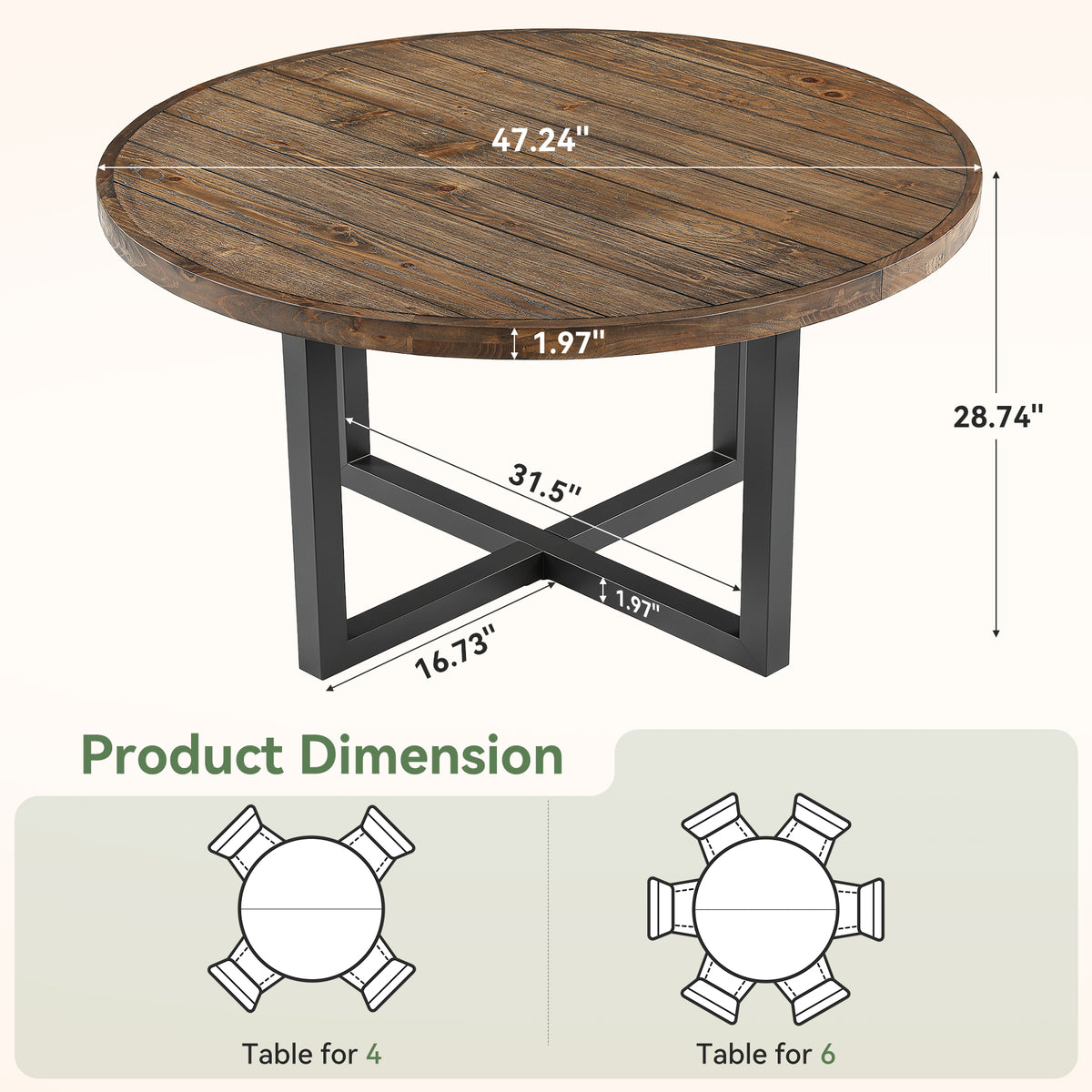 47.24 Inch Solid Wood Round Dining Table with Metal Cross Base, Farmhouse Kitchen Table for 4-6
