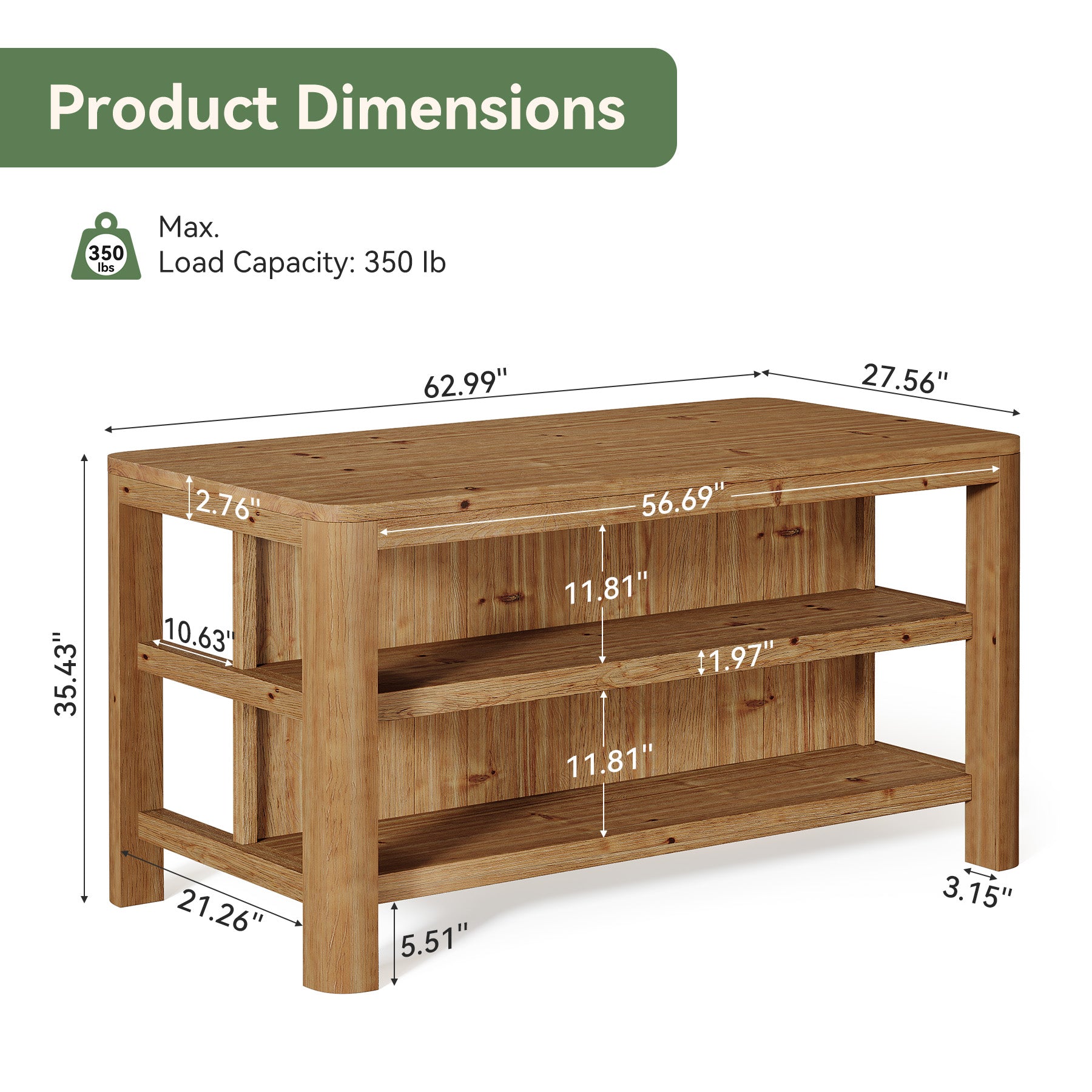 Tribesigns 63-Inch Farmhouse Kitchen Island, Solid Wood Island Table with Open Storage Shelves