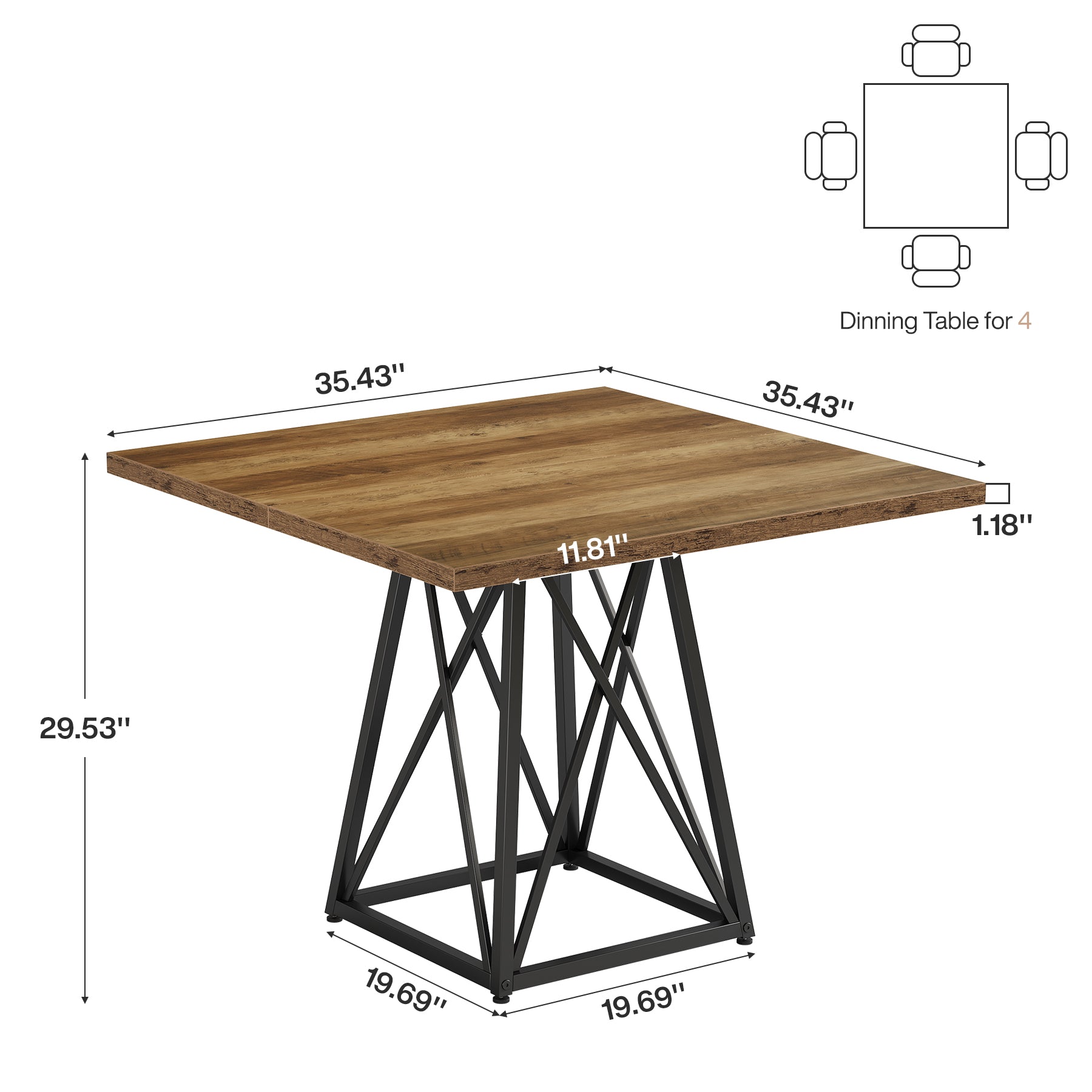 35.43" Square Table for Small Spaces, Industrial Kitchen & Dining Table with Stylish Black Frame