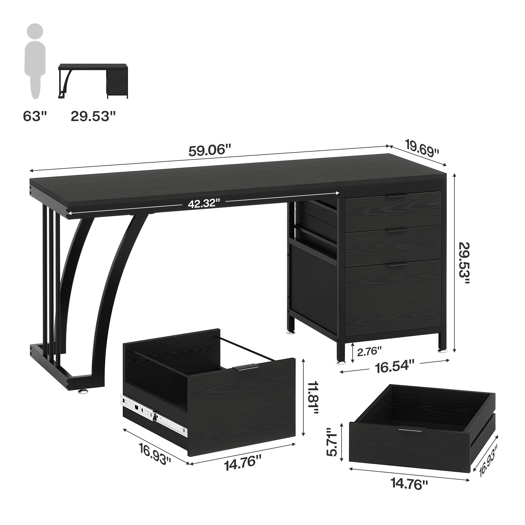 Tribesigns 59 Inch Computer Desk with Reversible 3-Drawer Storage, Industrial Desk for Home Office