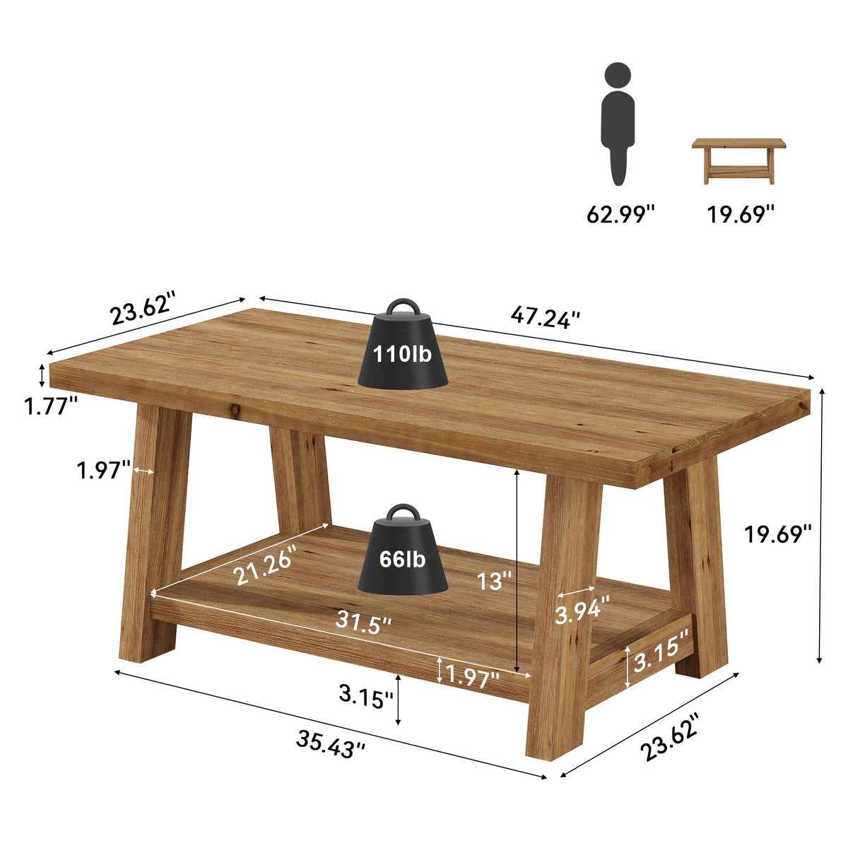 Tribesigns 47.2-Inch Solid Wood Coffee Table, 2-Tier Storage Shelf Rectangle Center Table for Living Room