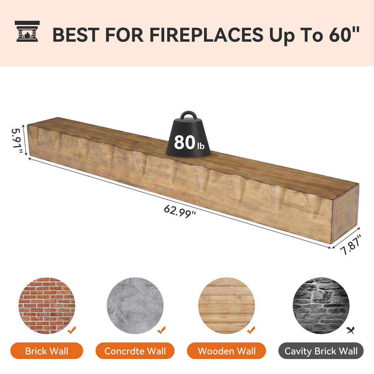 Tribesigns 63" Solid Wood Floating Mantel Shelf with 80 lb Capacity, Rustic Fireplace Wall Decor