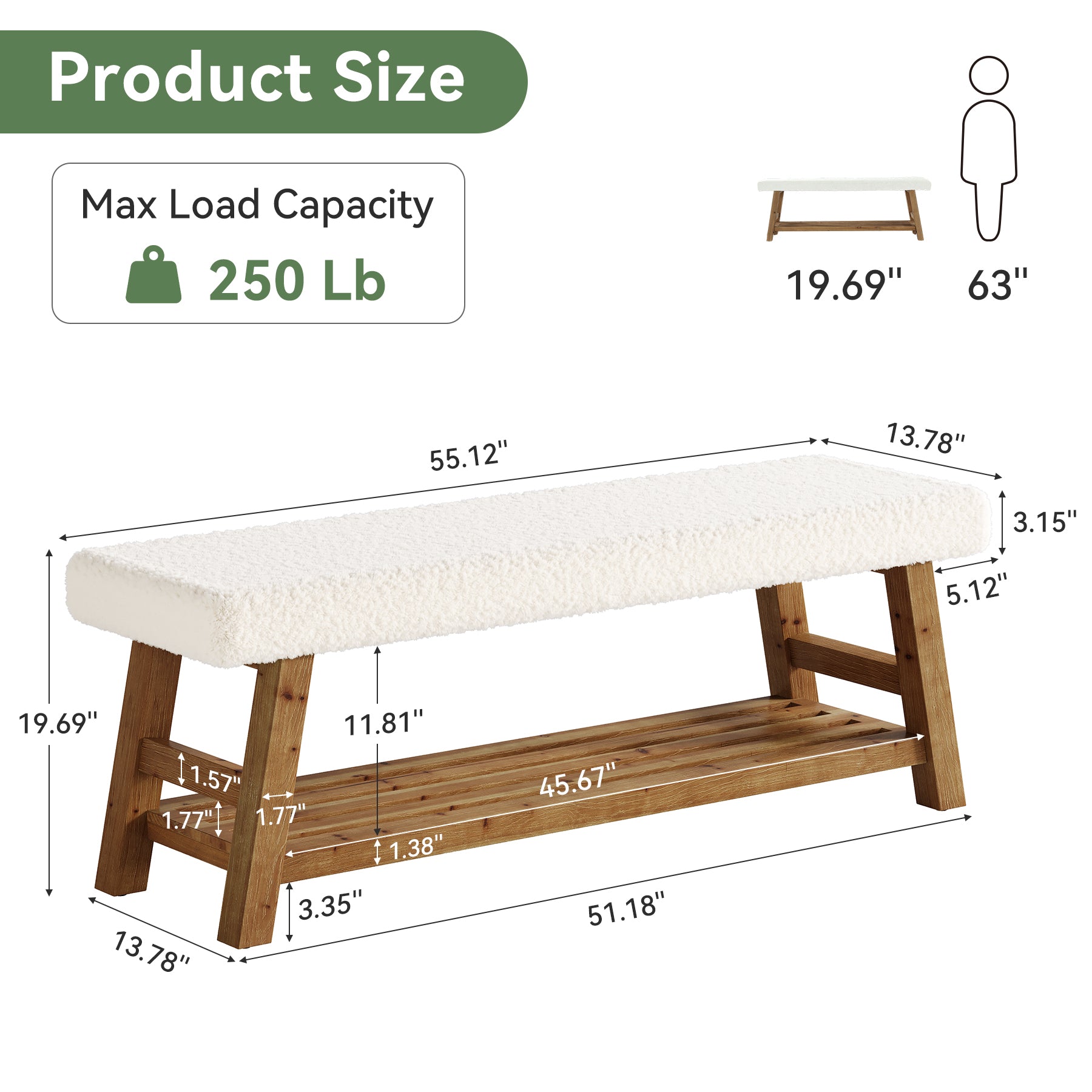 55-Inch Upholstered Dining Bench with Cushion and Storage Shelf