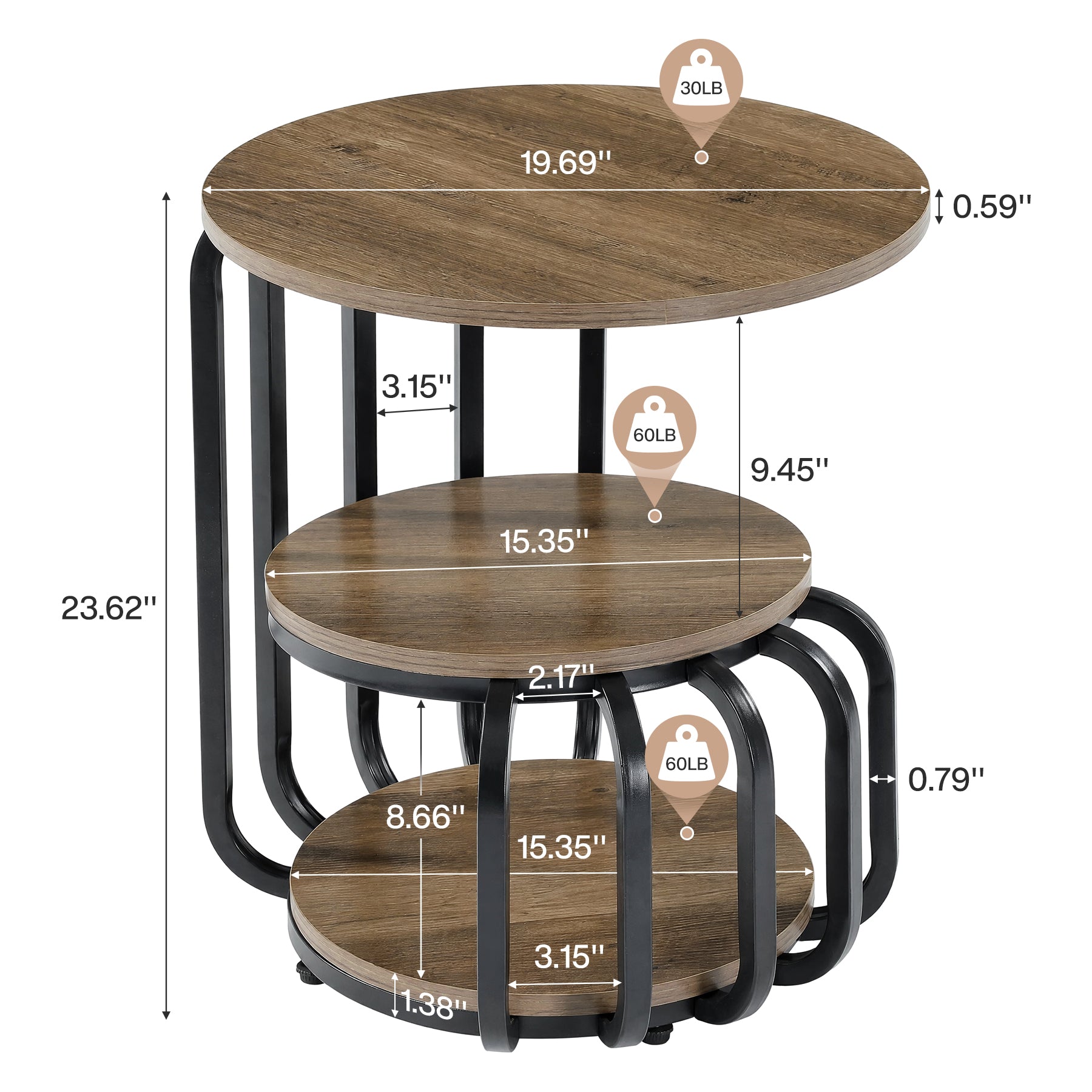 19.69 Inch Round Nightstand, 3 Tier Industrial Side Table with Storage for Bedroom