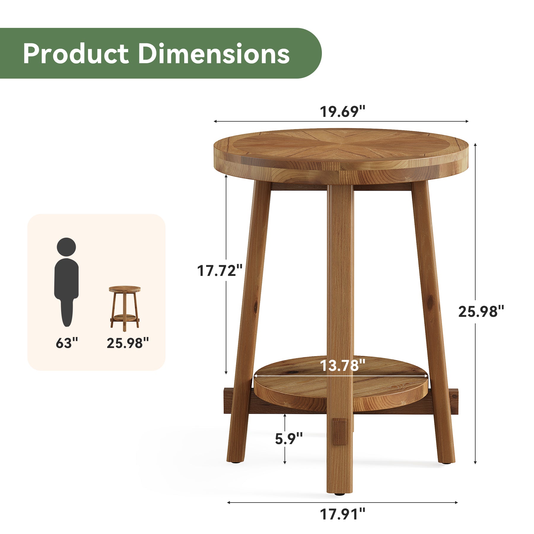 Tribesigns 19.7-Inch Solid Wood Side Table with 2-Tier Shelf, Round Farmhouse Table for Living Room