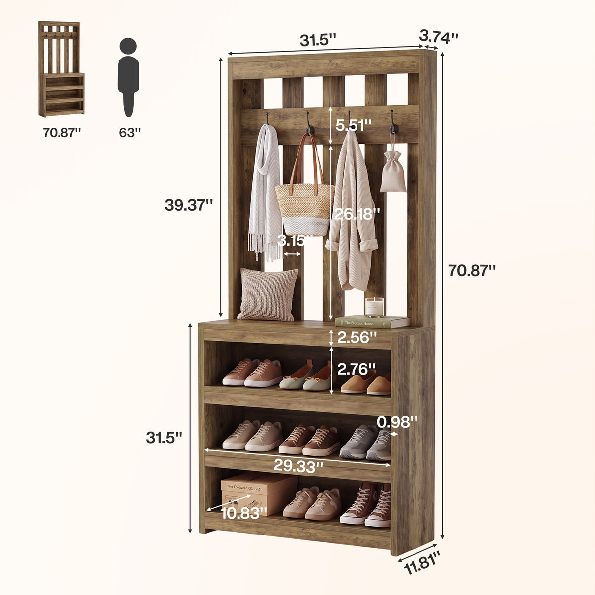 Tribesigns 70.87" Slatted Room Divider with Shoe Shelves, Farmhouse Hall Tree with 4 Hooks for Entryway