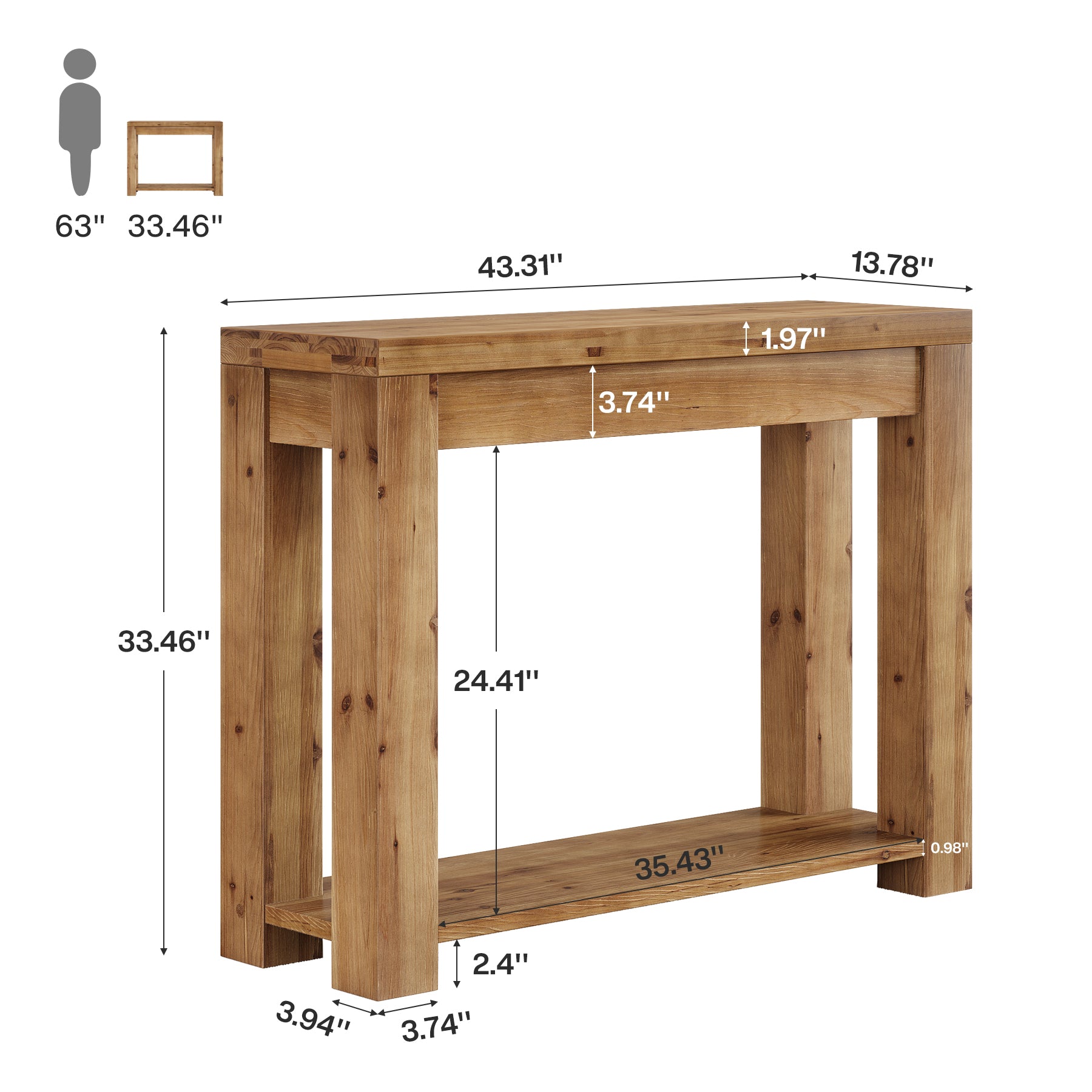 43.3-Inch Solid Wood Console Table, Narrow Farmhouse Sofa Table for Entryway Living Room
