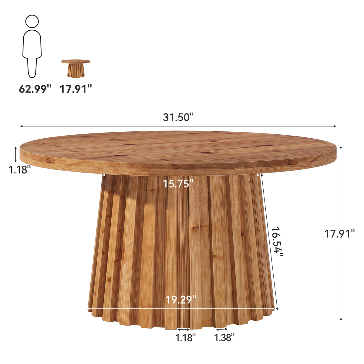 31.5 Inch Solid Wood Round Coffee Table with Fluted Drum Base, Farmhouse Accent Table for Living Room