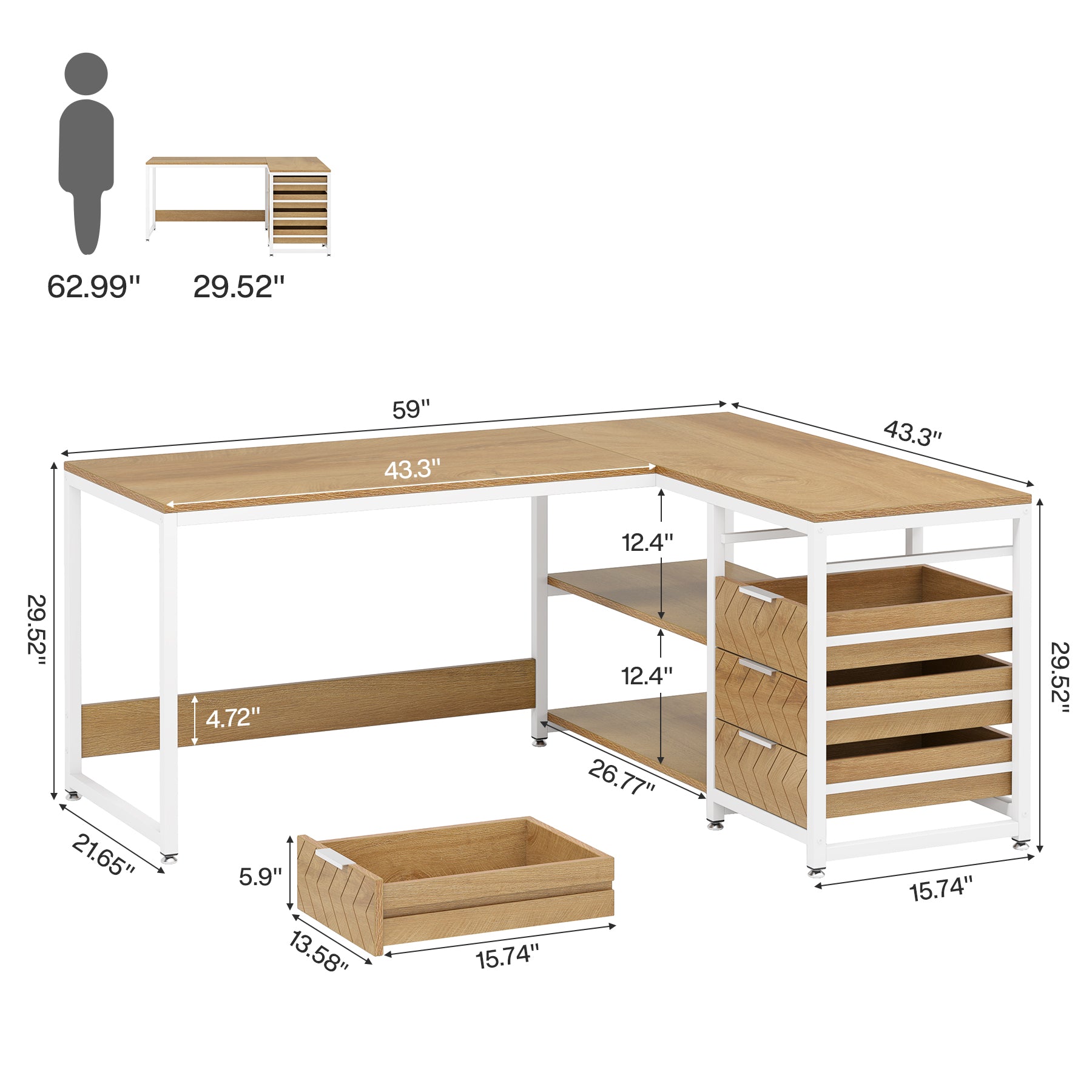59" L-Shaped Desk, Reversible Corner Computer Desk with Drawers and Shelves