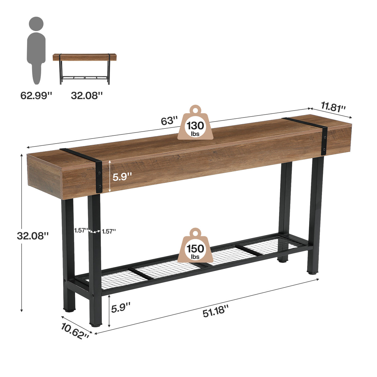 Tribesigns 63" Long Console Table with 2-Tier Storage, Industrial Sofa Table for Entryway