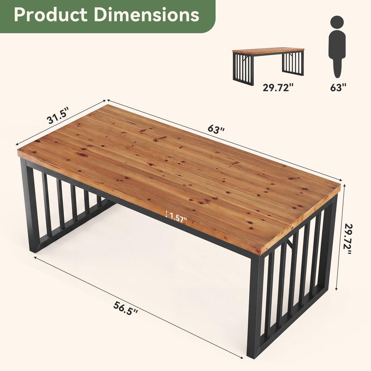 63 Inch Solid Wood Dining Table for 4-6, Farmhouse Kitchen Table with Reinforced Metal Frame