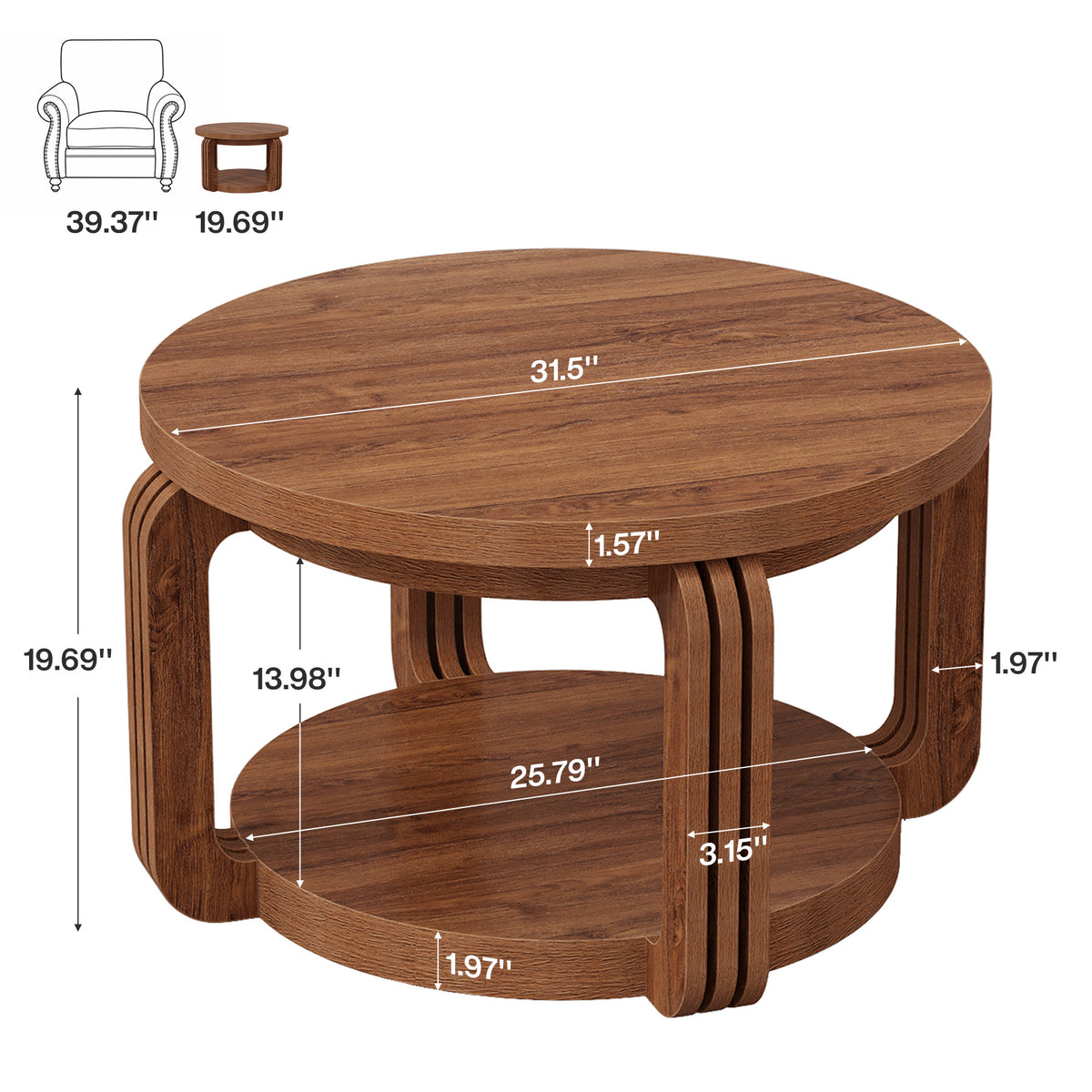 31.5 Inch Round Coffee Table with 2-Tier Storage Shelf, Modern Rustic Center Table for Living Room