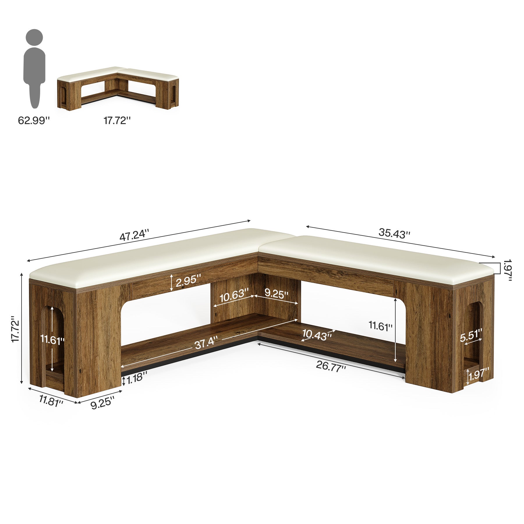 47.24-Inch L Shaped Corner Bench with Removable Seat Cushion and 2-Tier Storage, Farmhouse Breakfast Nook Bench