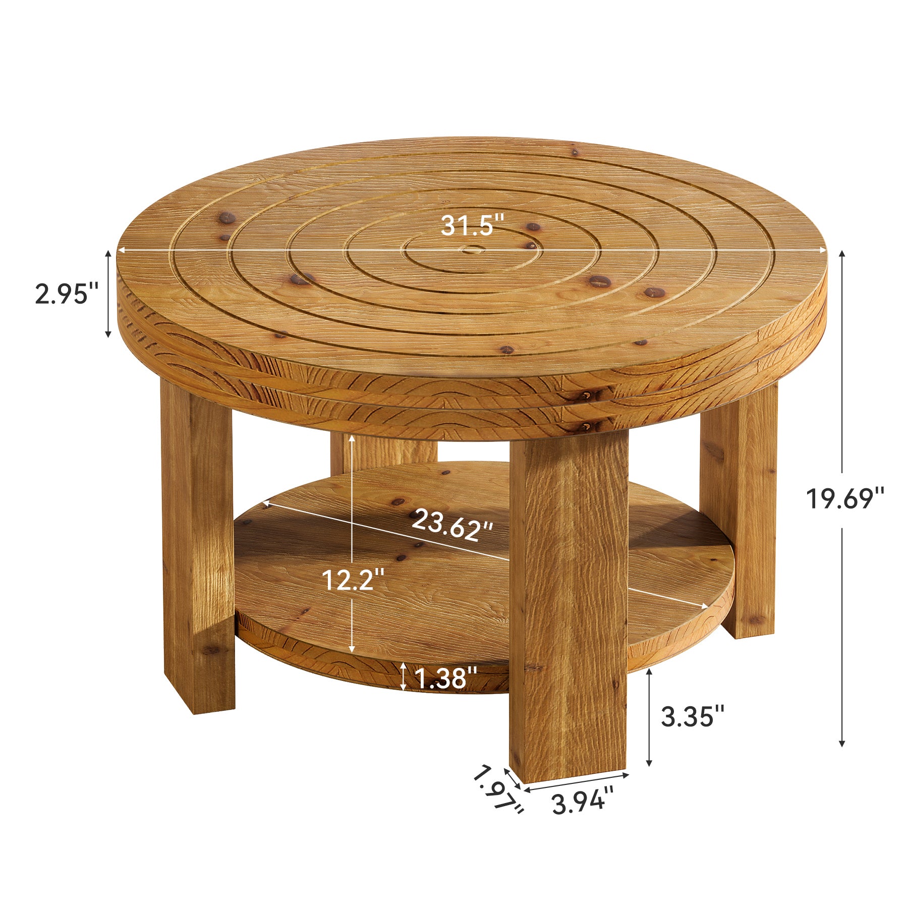 31.5-Inch Round Coffee Table, Farmhouse Solid Wood 2-Tier Storage Accent Table with Boho Design