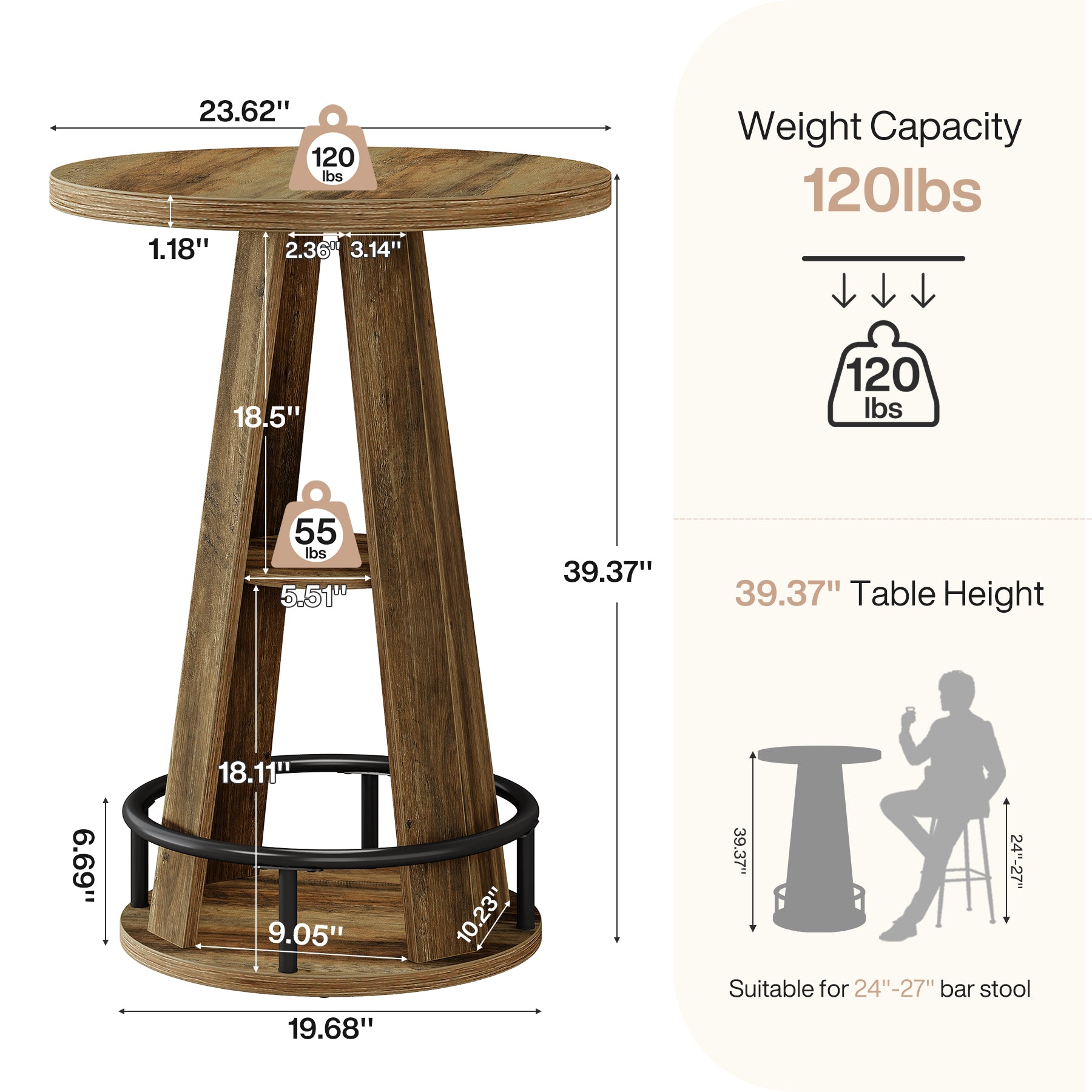 39.4-Inch Round Bar Table, High Top Industrial Bistro Table with Storage and Metal Footrest