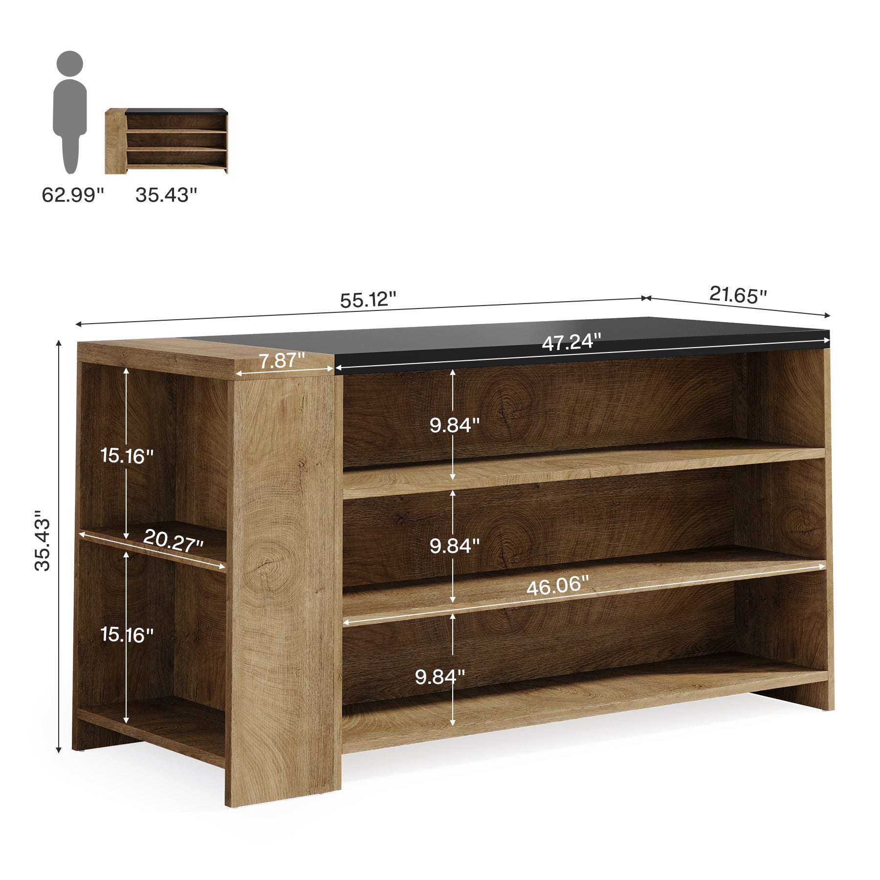 55.12-Inch Kitchen Island with 5-Tier Storage Shelves and Large Countertop, Farmhouse Coffee Bar Table for Kitchen