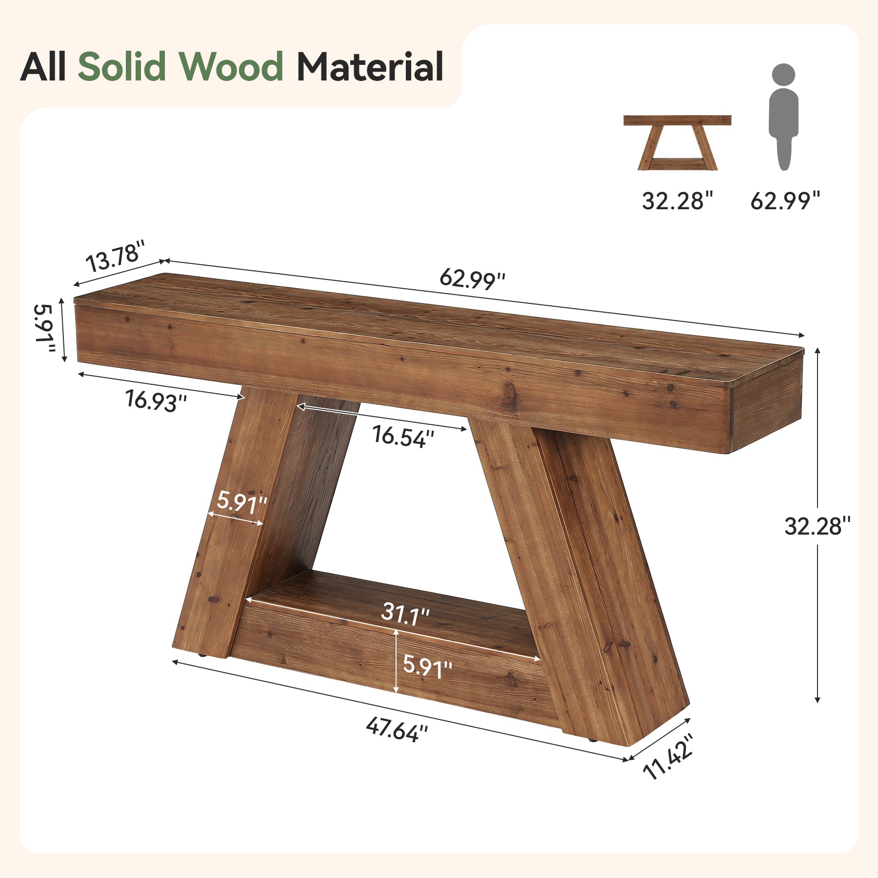63-Inch Solid Wood Console Table with 2-Tier Storage, Farmhouse Sofa Table for Hallway
