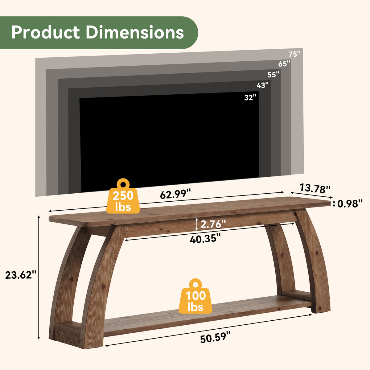 Tribesigns 63 Inch Solid Wood TV Stand for 75 Inch TVs, 2-Tier Farmhouse Media Console