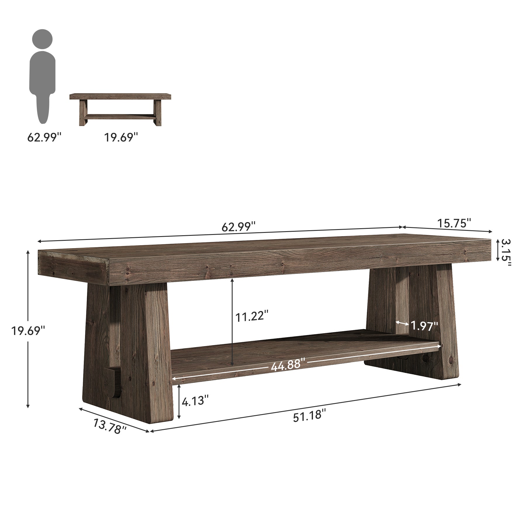 Tribesigns 63-Inch Solid Wood Farmhouse Bench with 2-Tier Open Shoe Storage
