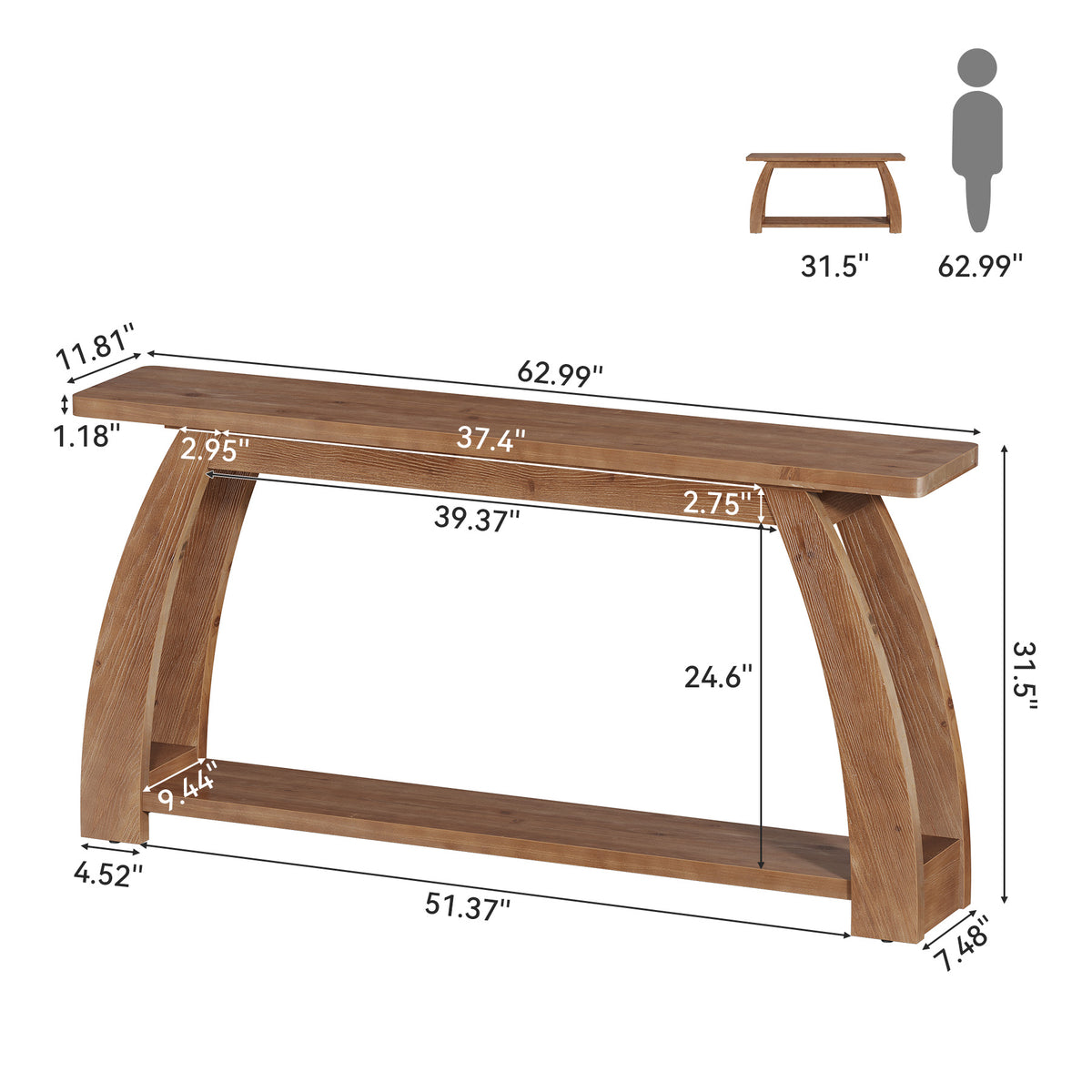 Tribesigns 63 Inch Solid Wood Console Table with Arched Legs, 2-Tier Entryway Table for Hallway