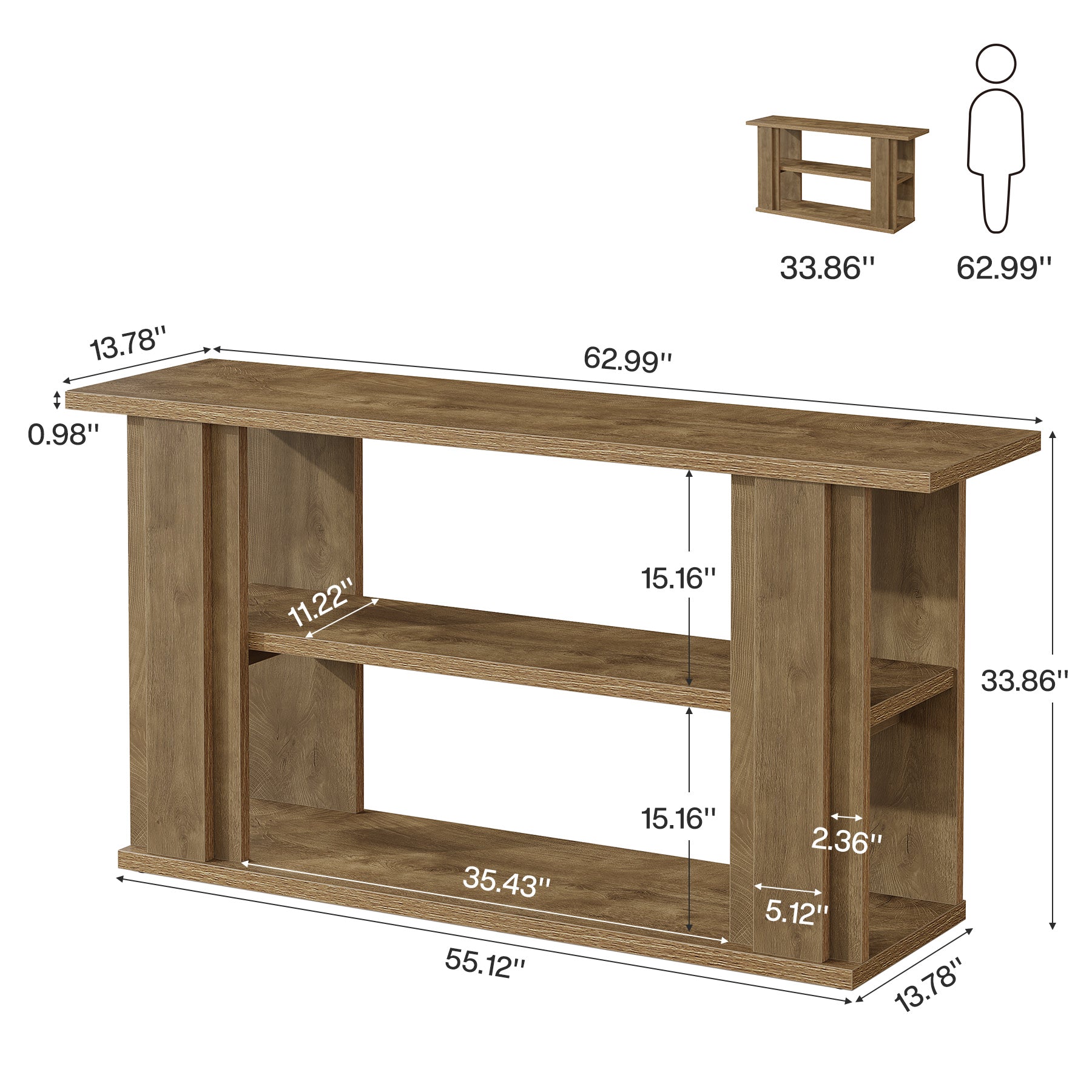 Tribesigns 63-Inch Farmhouse Console Table with 3-Tier Storage Shelves and Wide Panel Supports, Narrow Sofa Table for Living Room Hallway and Foyer