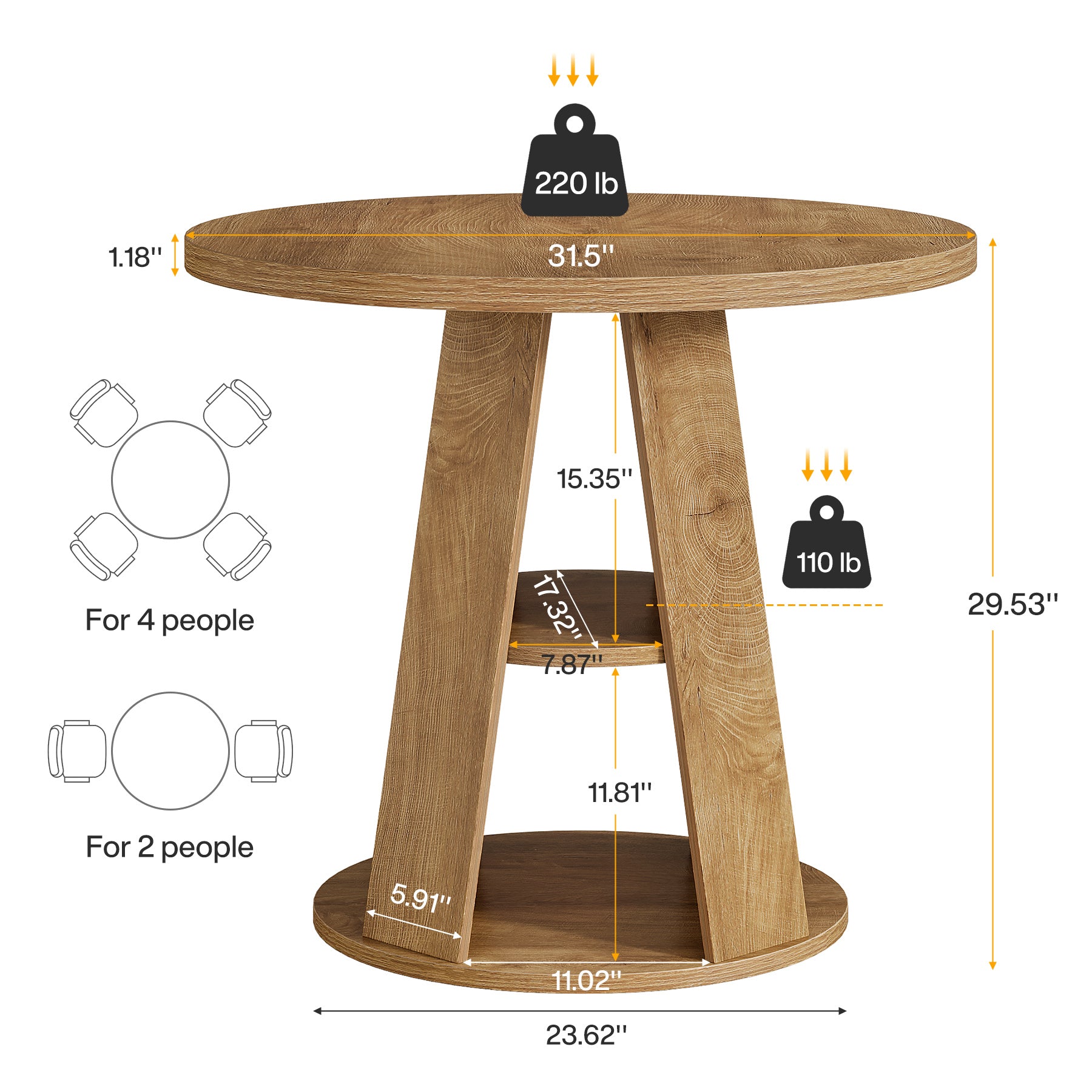 Tribesigns 31.5-Inch Round Dining Table for 2-4, Space-Saving Farmhouse Kitchen Table with 2-Tier Storage Shelf for Small Spaces