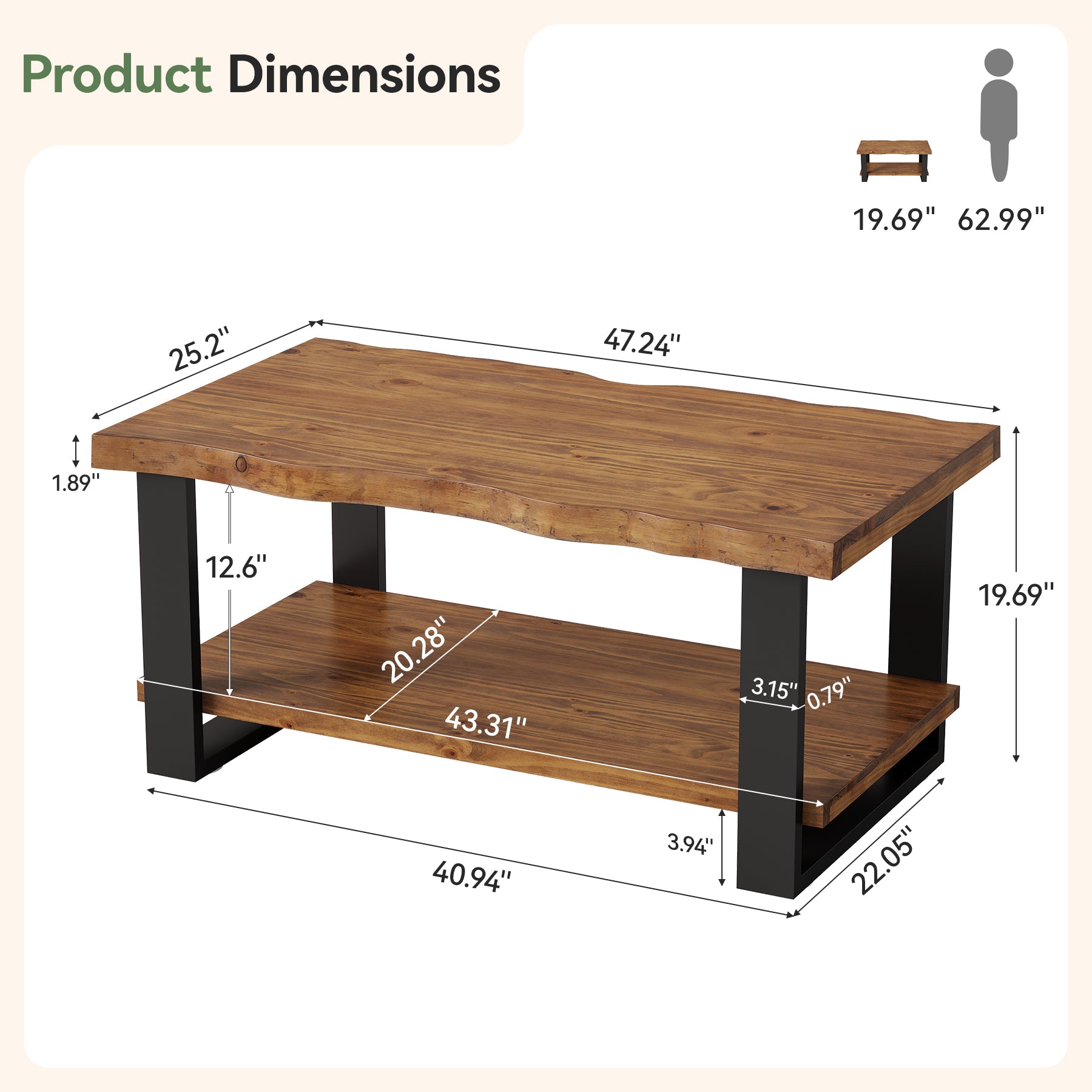 Tribesigns 47-Inch Solid Wood Coffee Table with Live Edge Top, 2-Tier Storage Table for Living Room