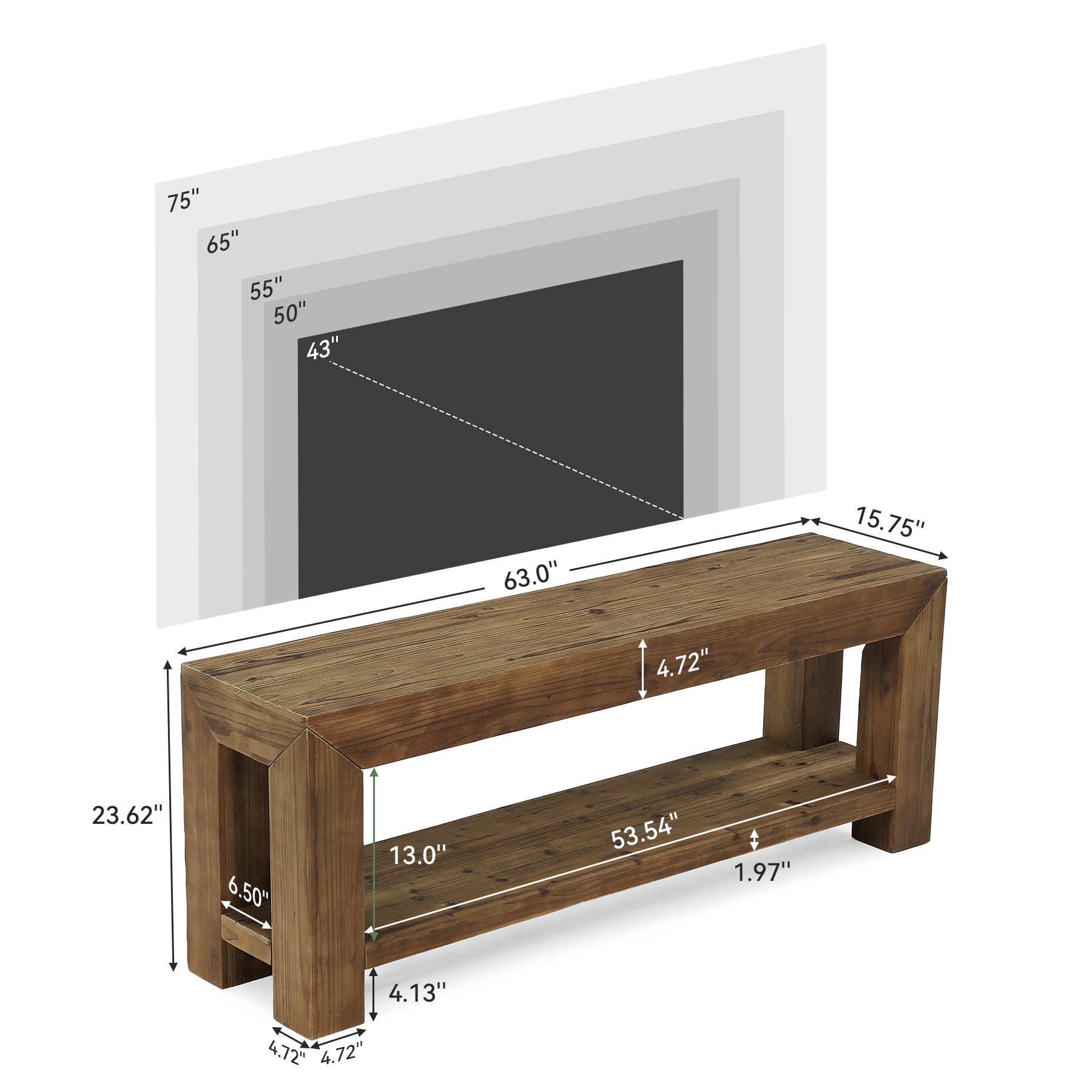 Tribesigns 63-Inch Solid Wood TV Stand for TVs up to 75 Inches with 2-Tier Open Storage Shelves