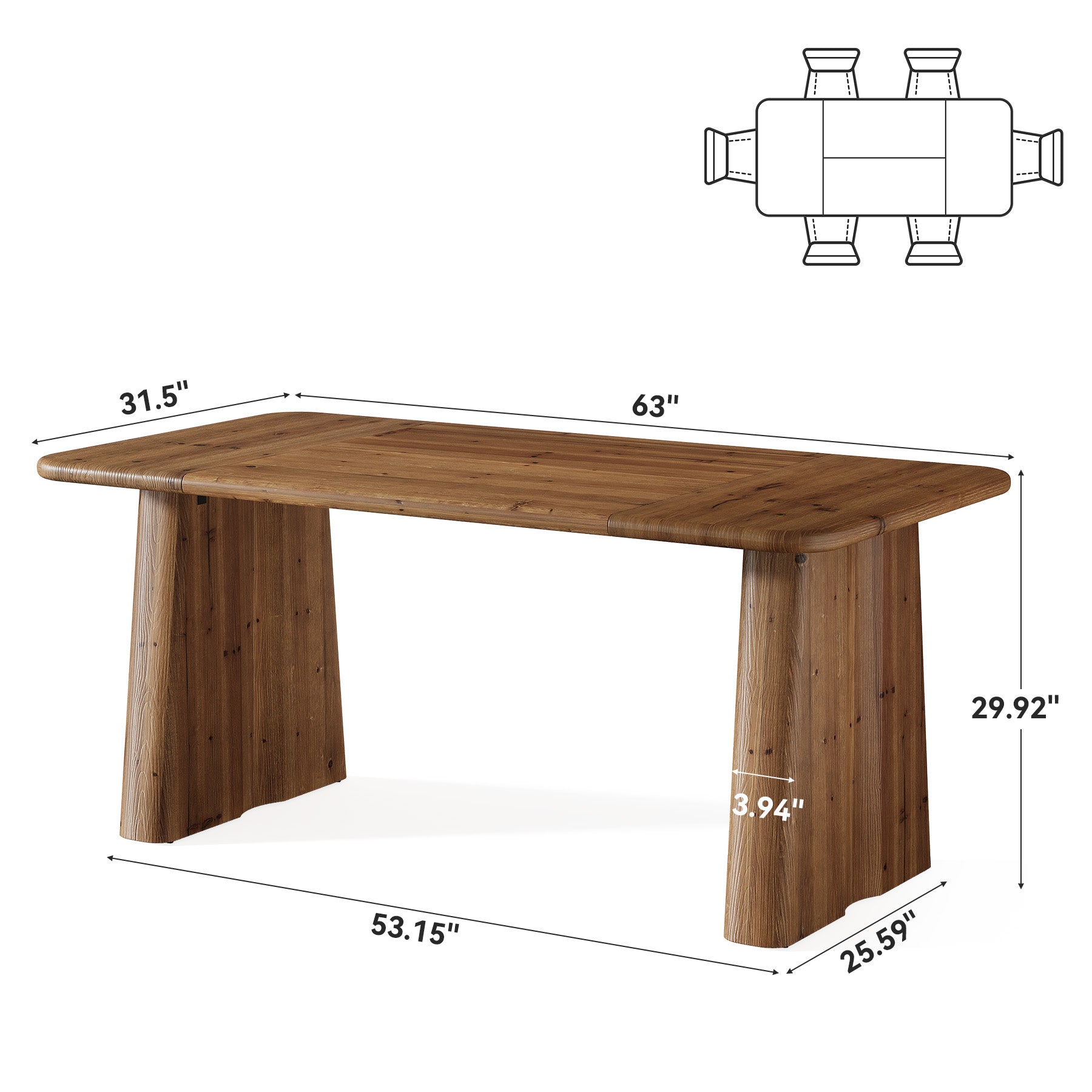 Tribesigns 63-Inch Solid Wood Dining Table with Double Pedestal Base, Rustic Table for Dining Room