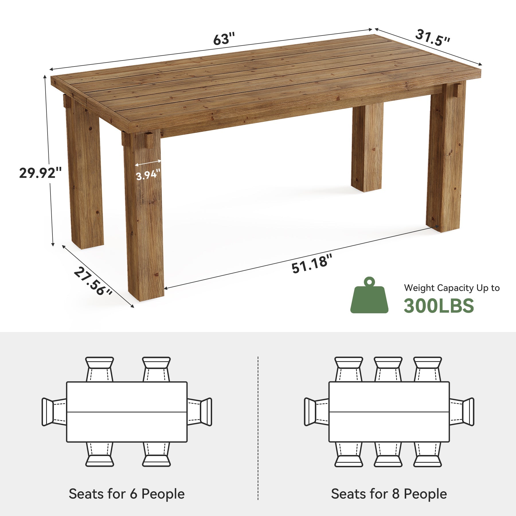 63-Inch Solid Wood Dining Table with Mortise-and-Tenon Legs, Farmhouse Table for 4-6