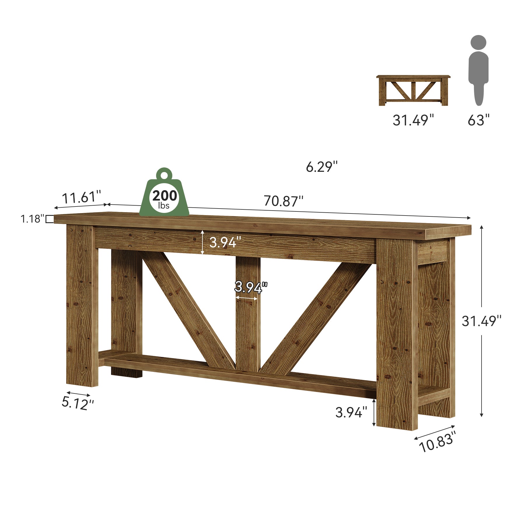 70.9-Inch Solid Wood Console Table with Triangular Base, 2-Tier Sofa Table for Hallway