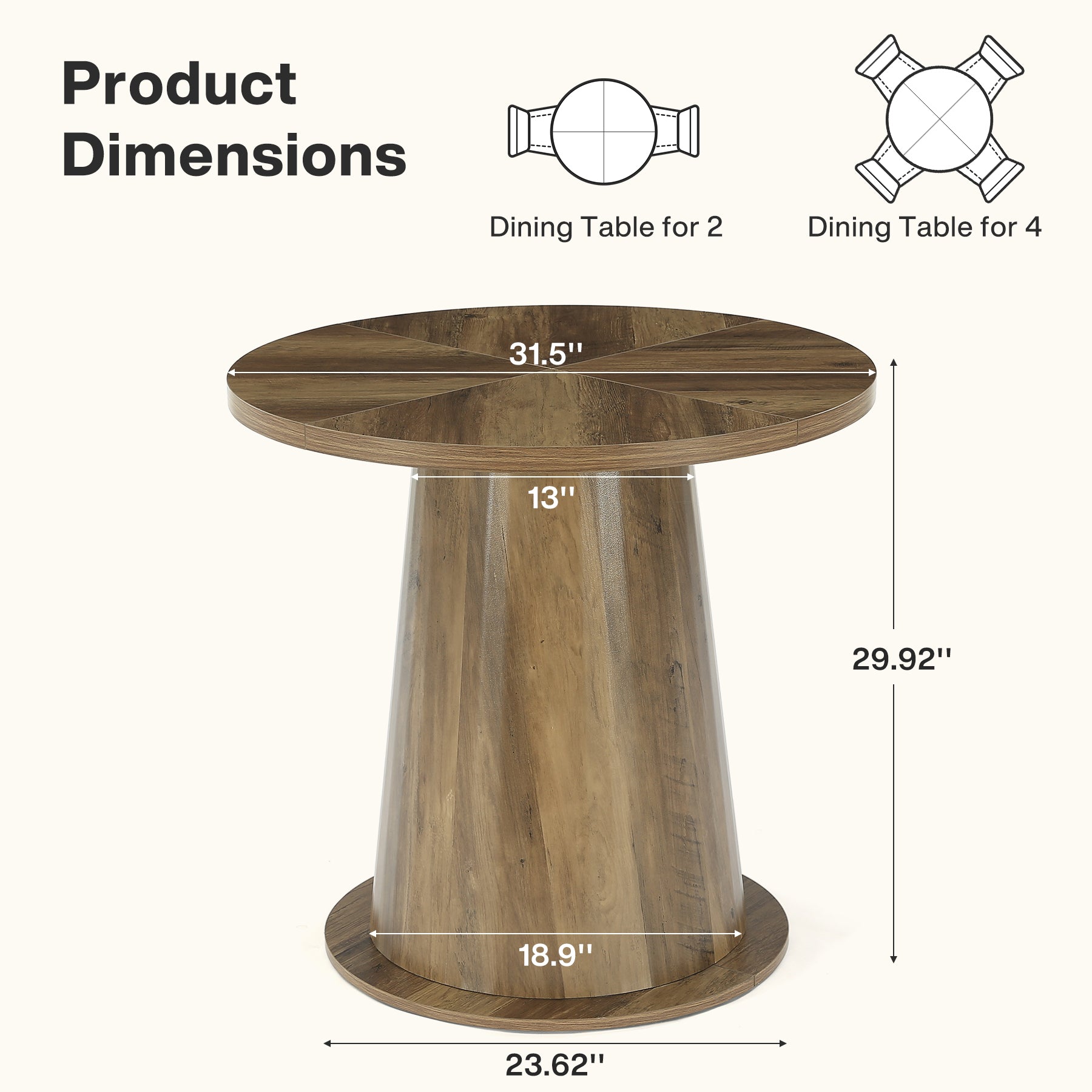 31.5-Inch Small Round Dining Table with Pedestal Base, Mid-Century Kitchen Table for 2 to 4 People